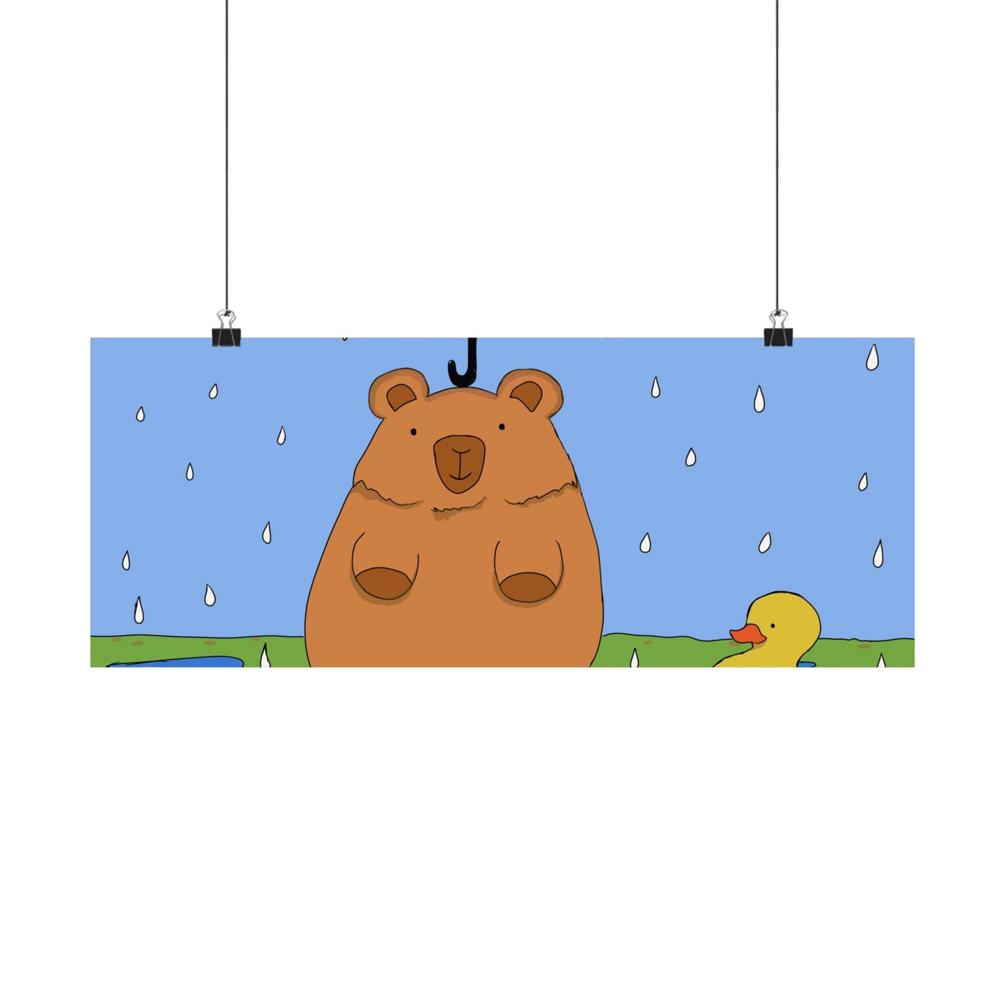 Capybara in the Rain with Rubber Duckie Print Poster