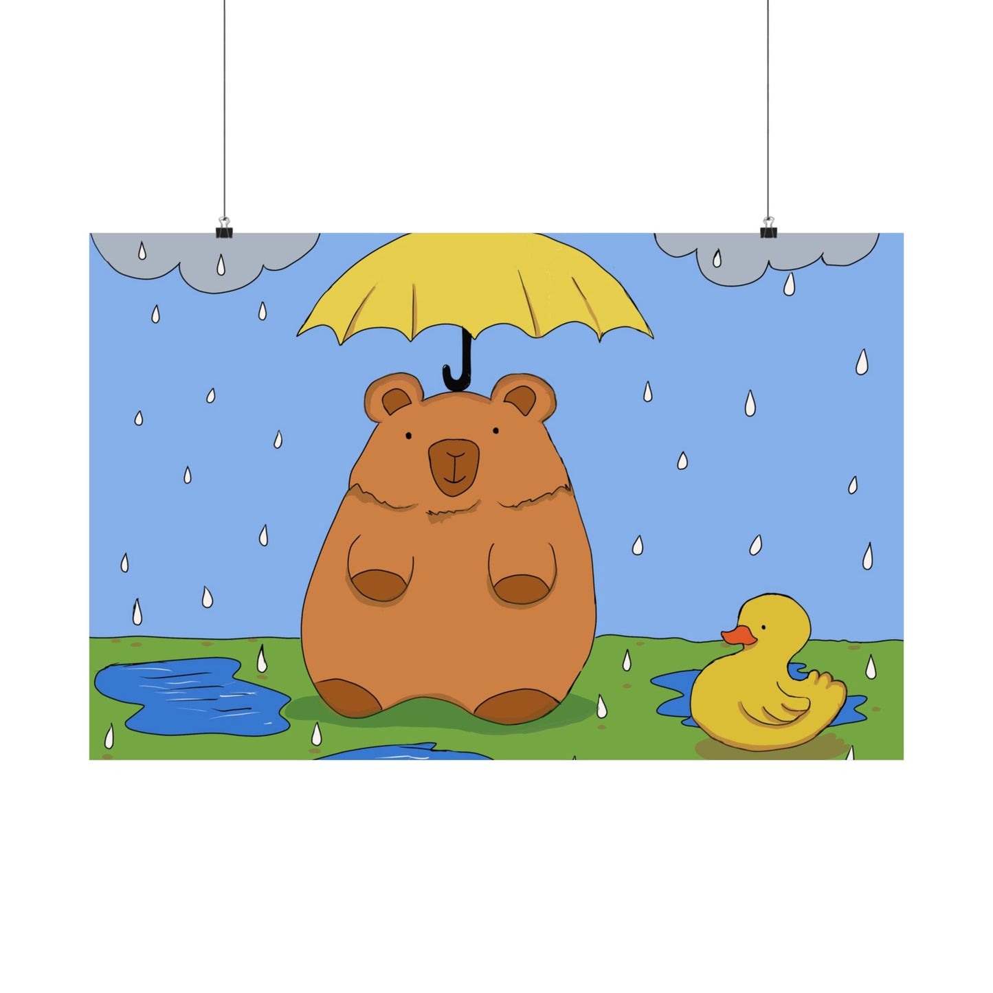 Capybara in the Rain with Rubber Duckie Print Poster