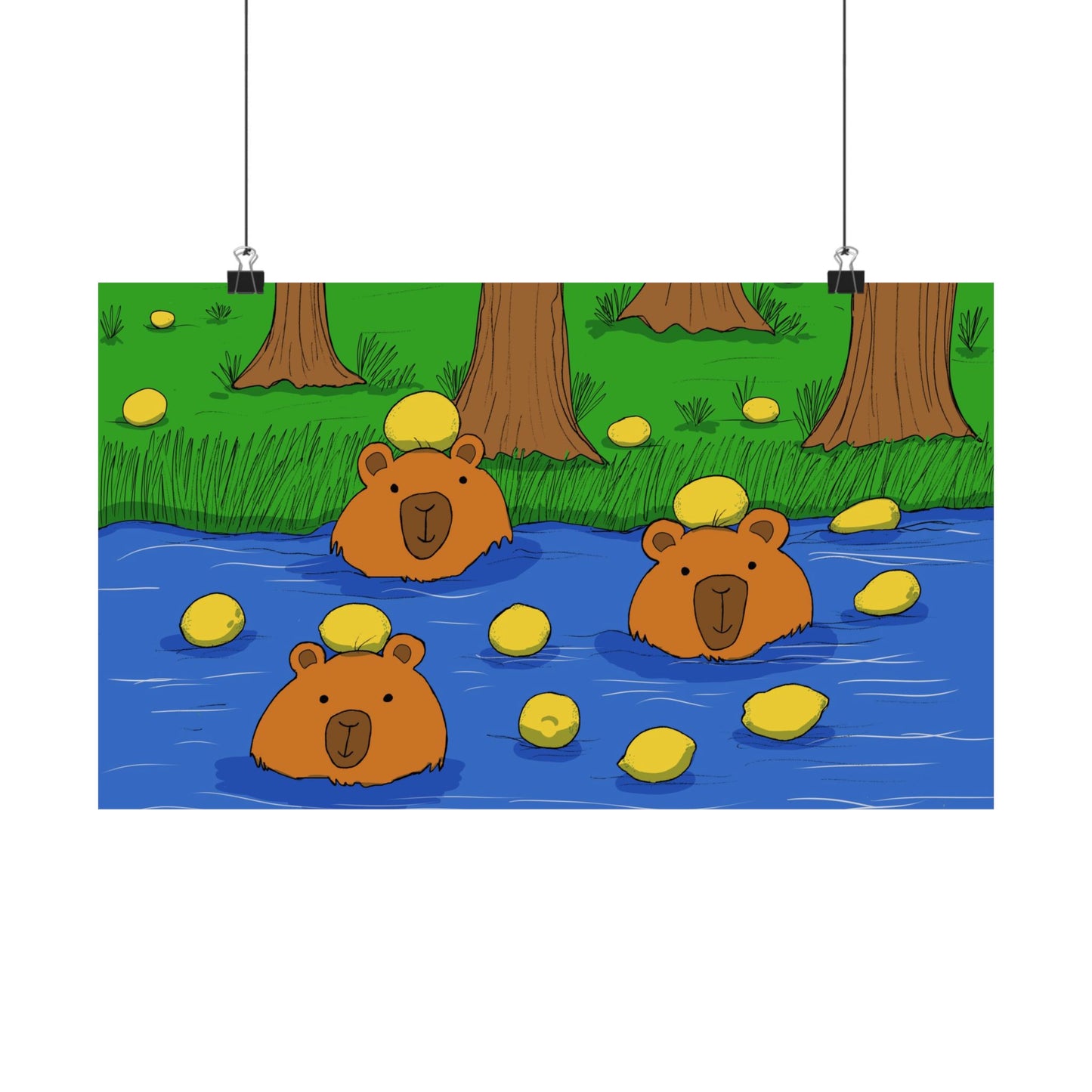 Poster Print - Cute Capybaras in Water with Lemons Design