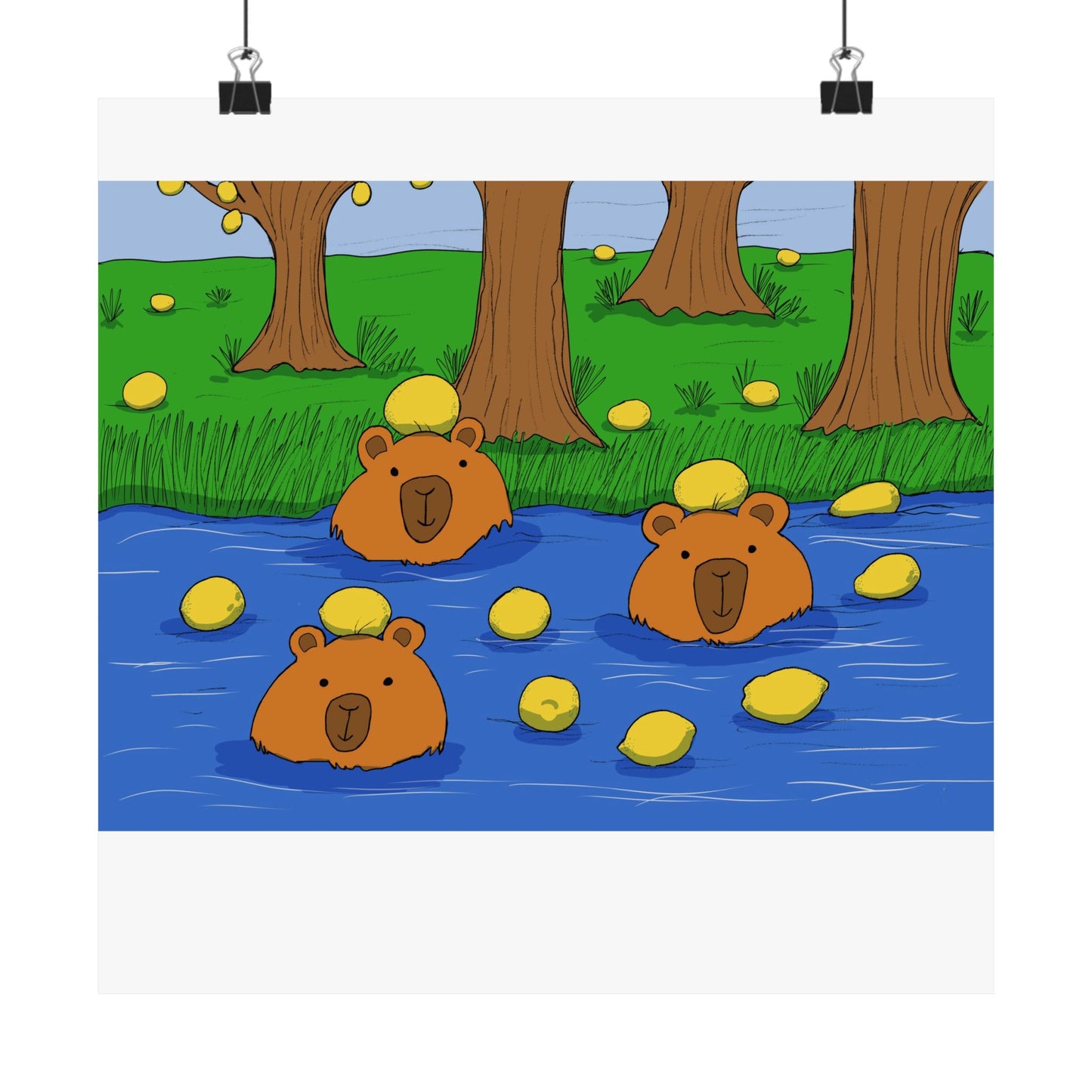 Poster Print - Cute Capybaras in Water with Lemons Design