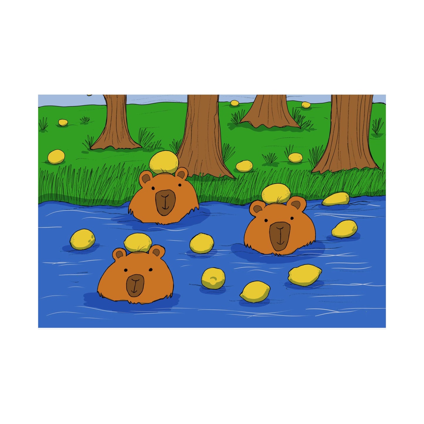 Poster Print - Cute Capybaras in Water with Lemons Design