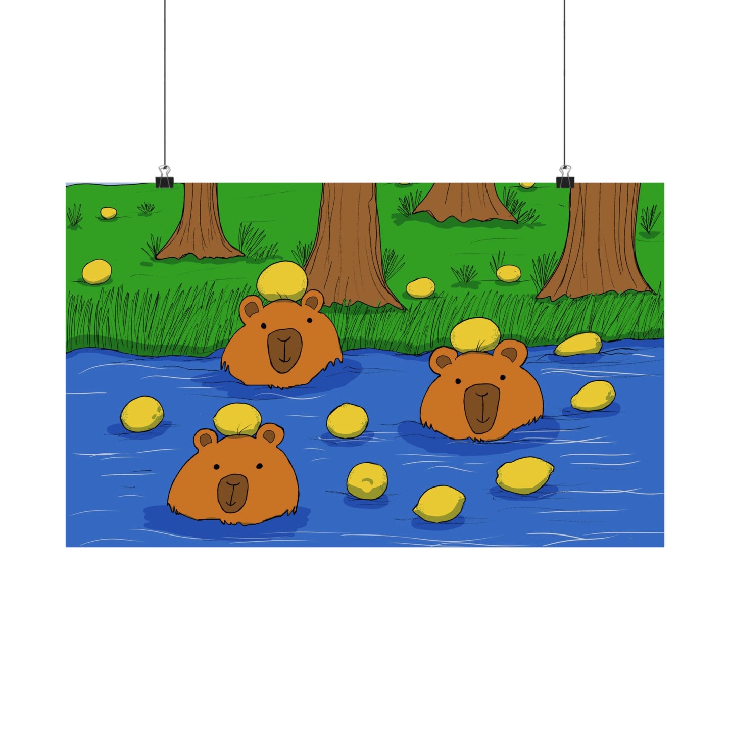 Poster Print - Cute Capybaras in Water with Lemons Design