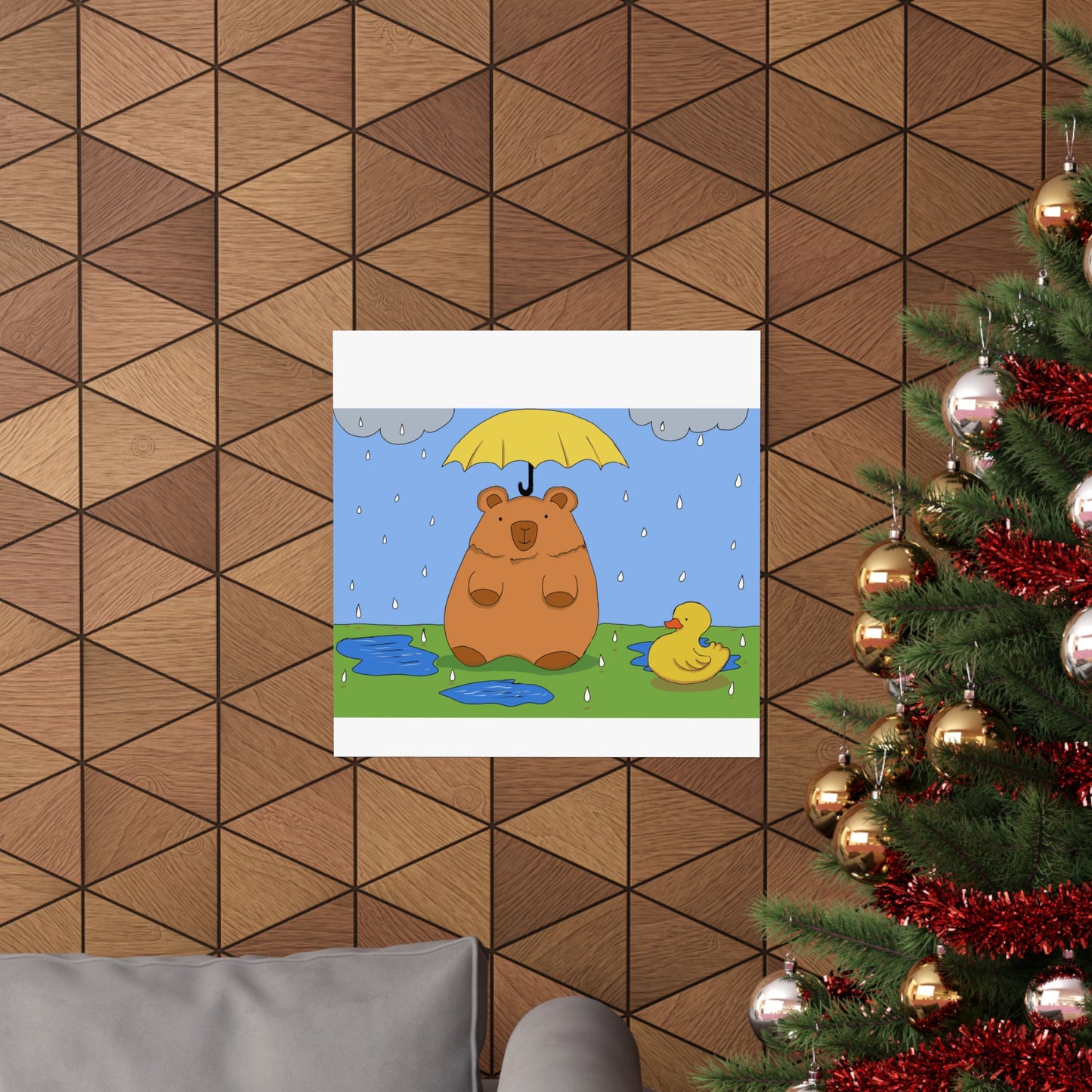 Capybara in the Rain with Rubber Duckie Print Poster