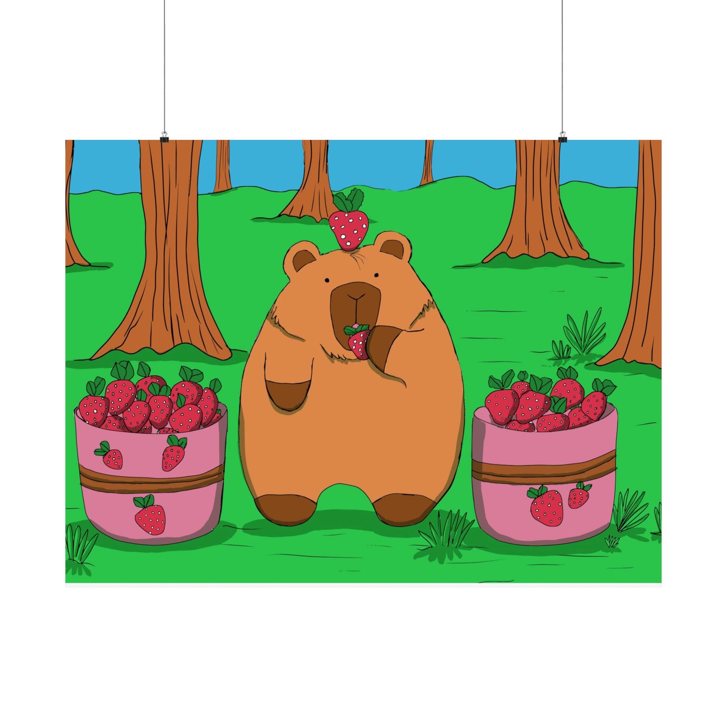 Capybara and Strawberries Colorful Print Poster