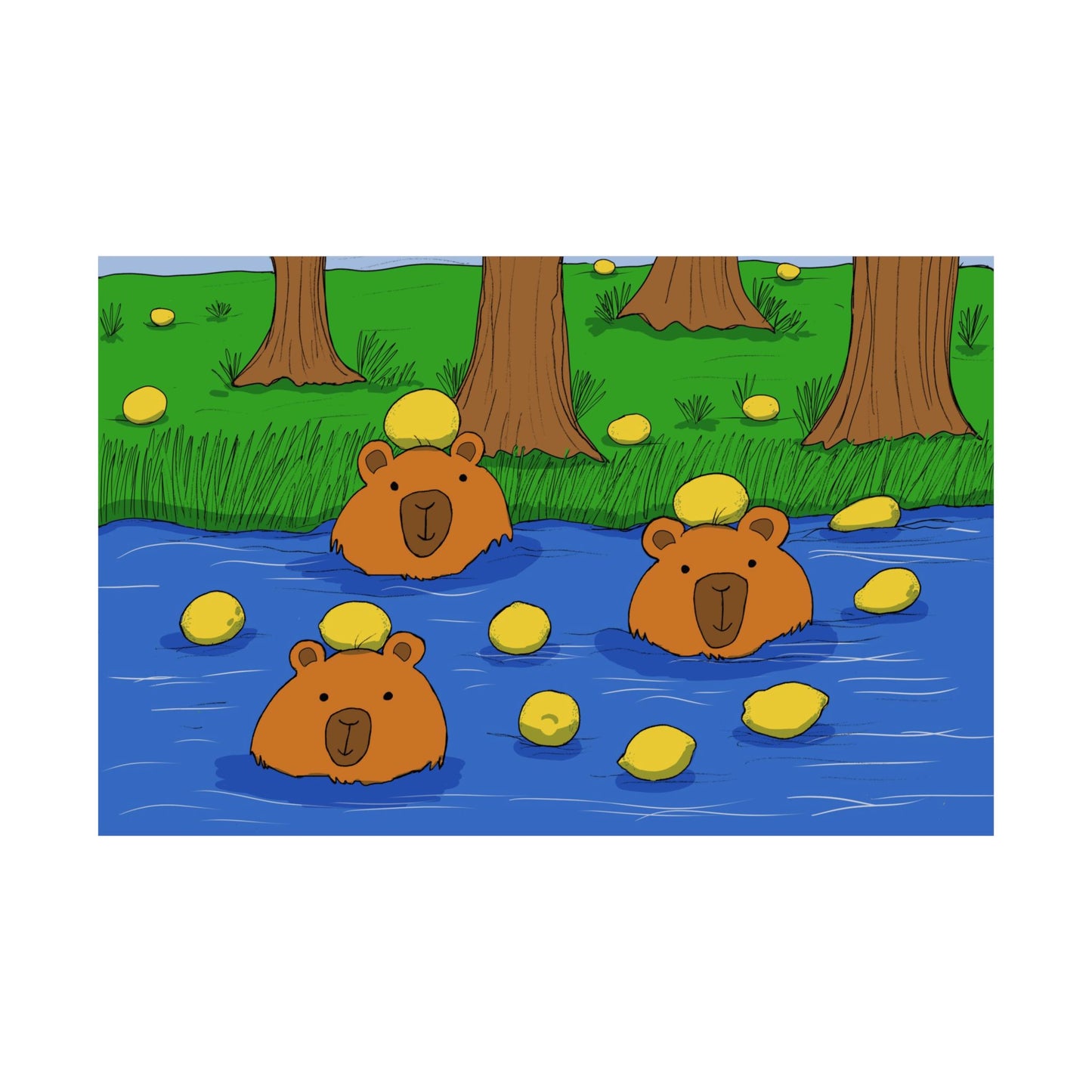 Poster Print - Cute Capybaras in Water with Lemons Design