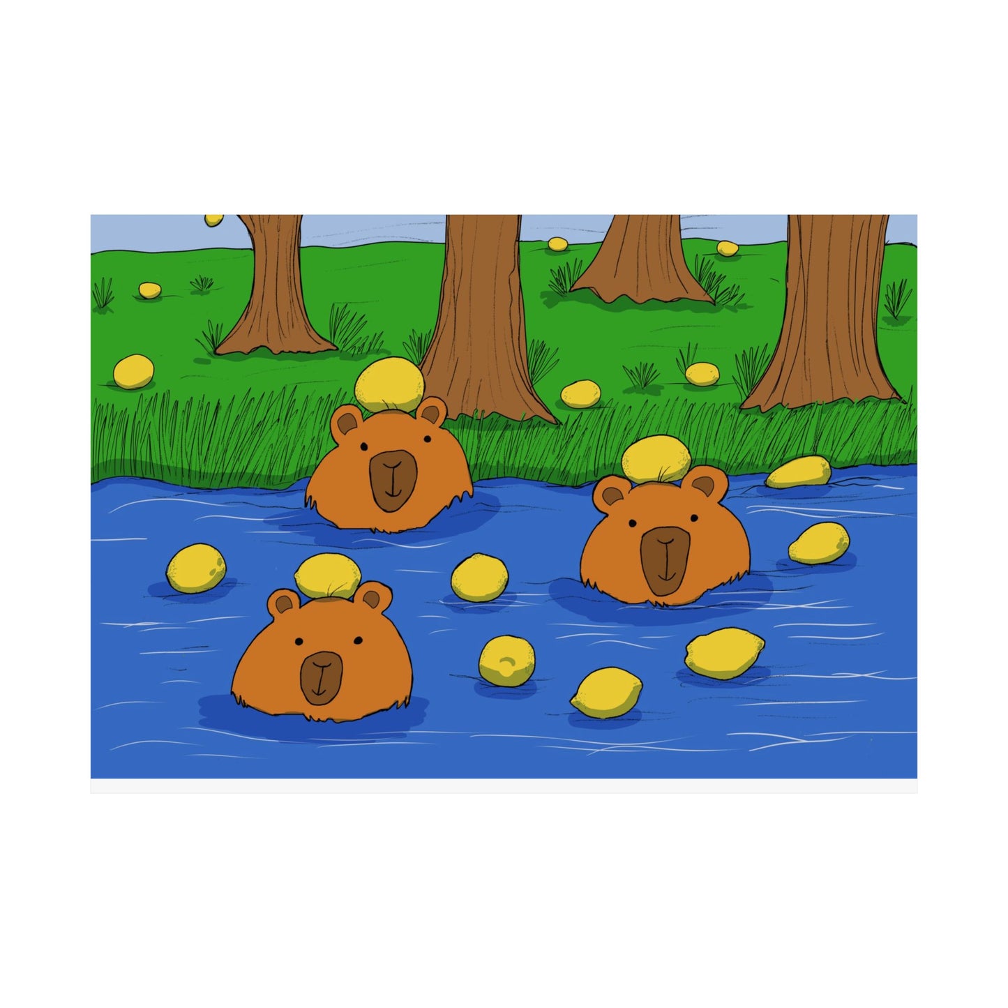 Poster Print - Cute Capybaras in Water with Lemons Design