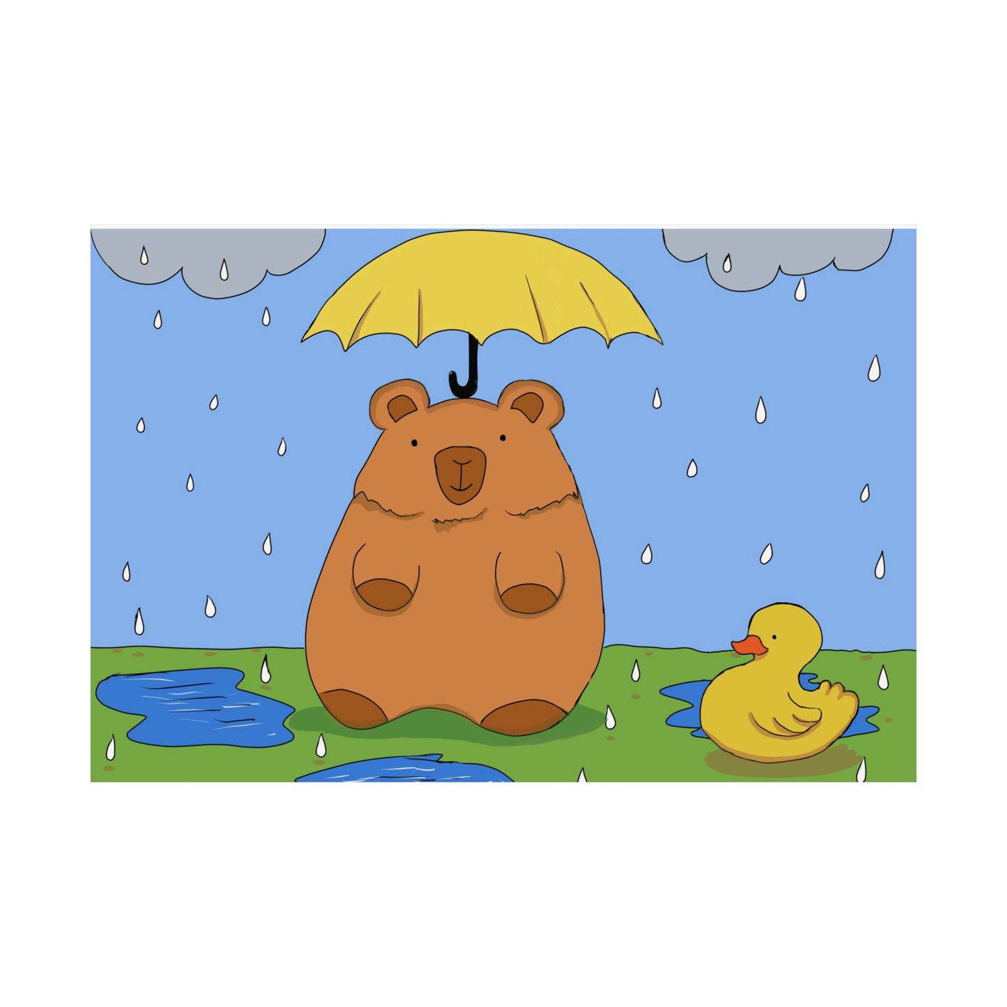 Capybara in the Rain with Rubber Duckie Print Poster