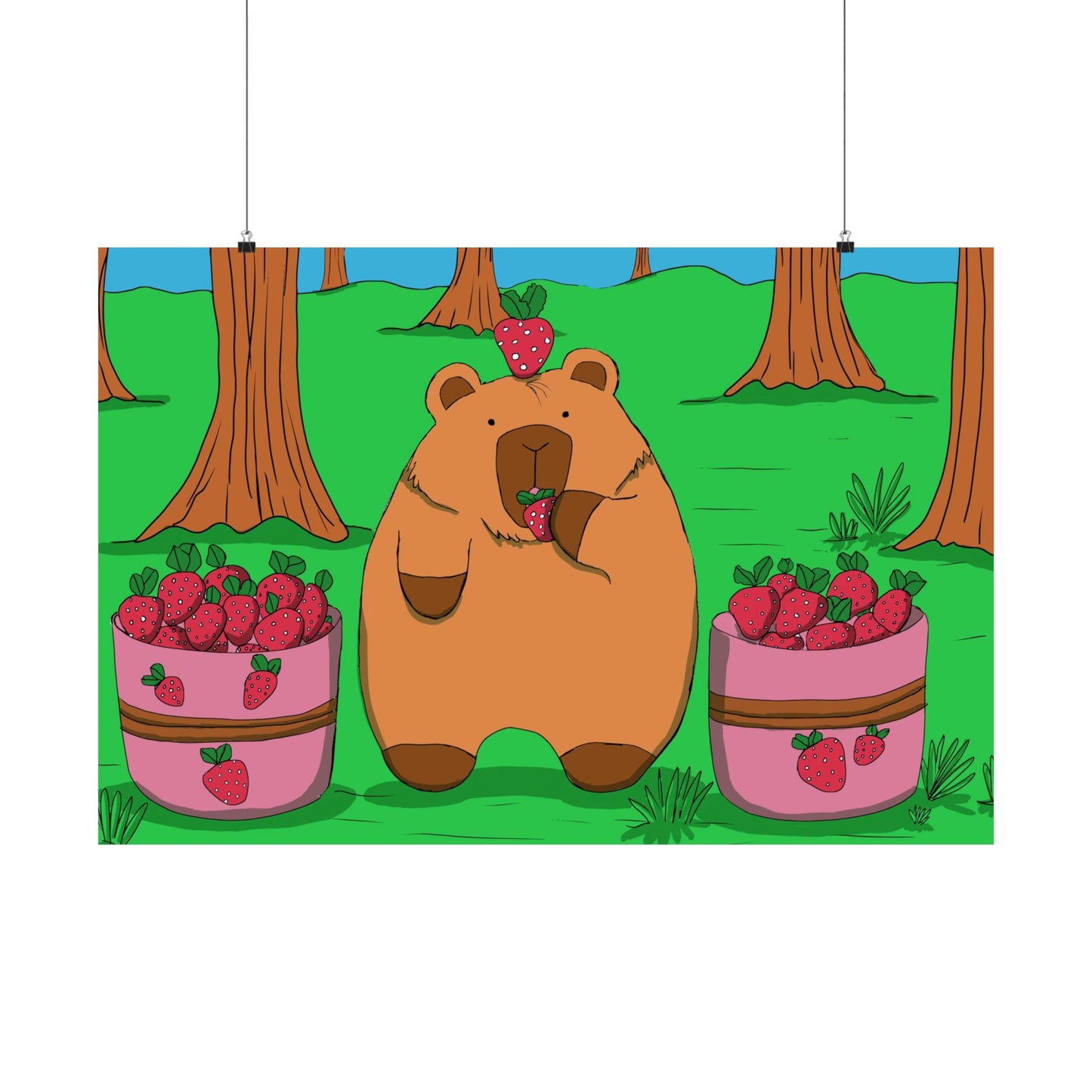 Capybara and Strawberries Colorful Print Poster