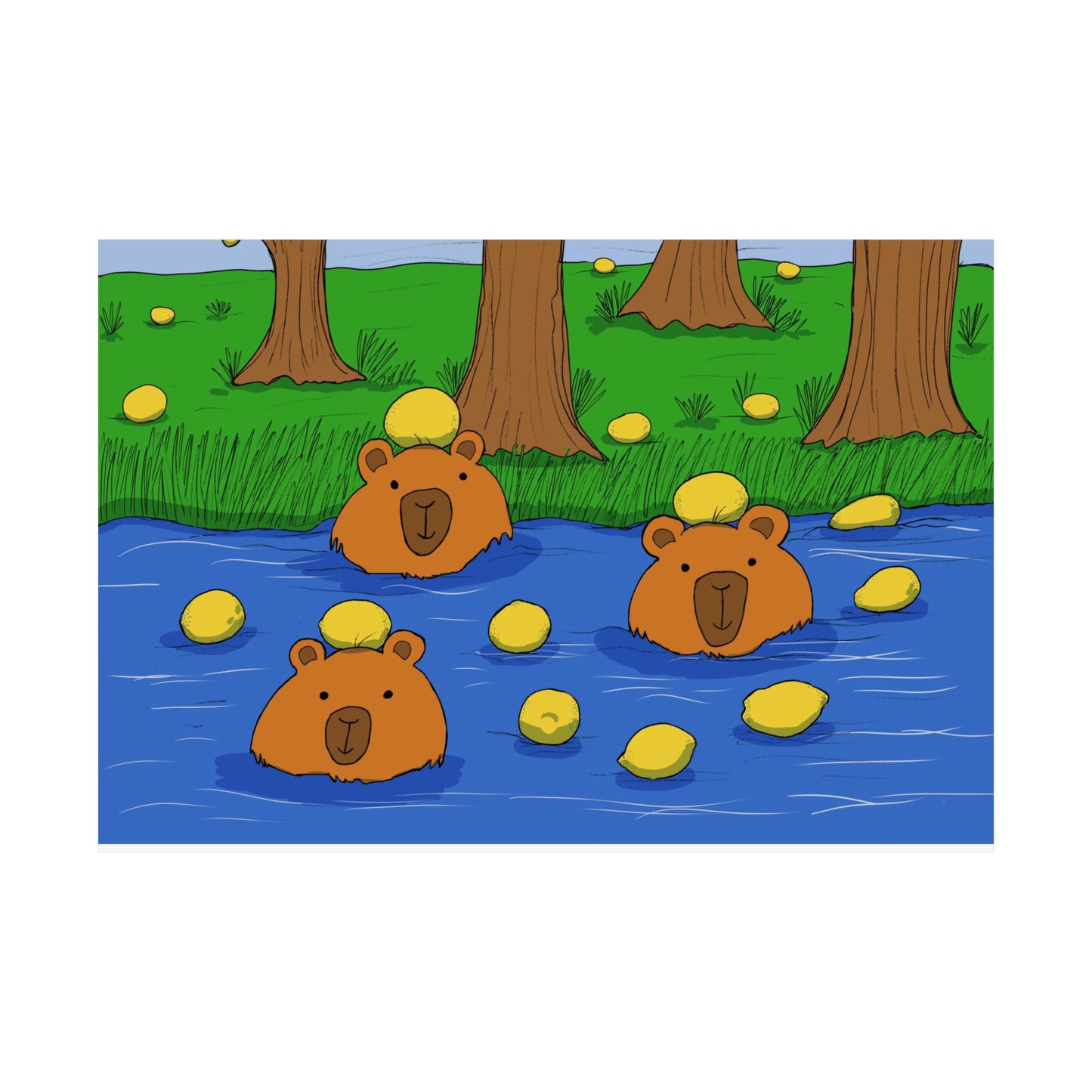 Poster Print - Cute Capybaras in Water with Lemons Design