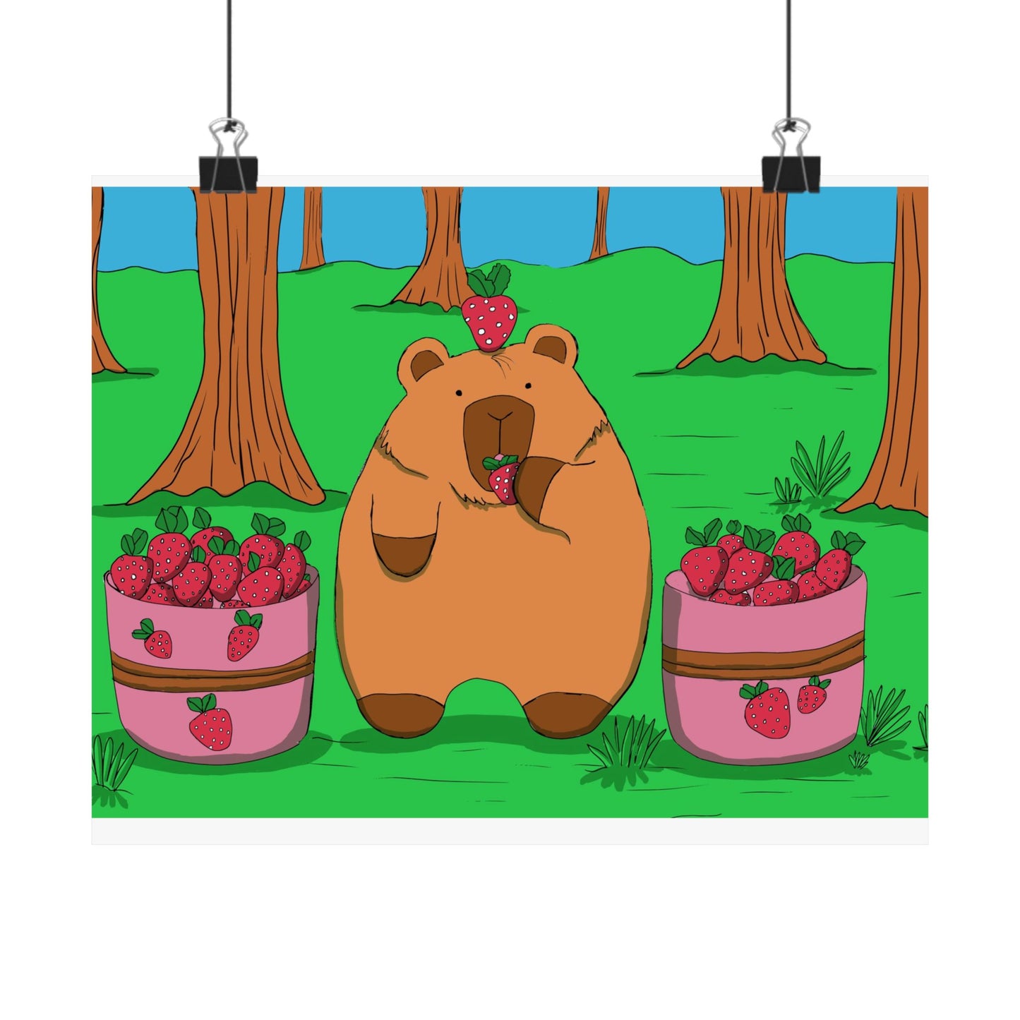 Capybara and Strawberries Colorful Print Poster