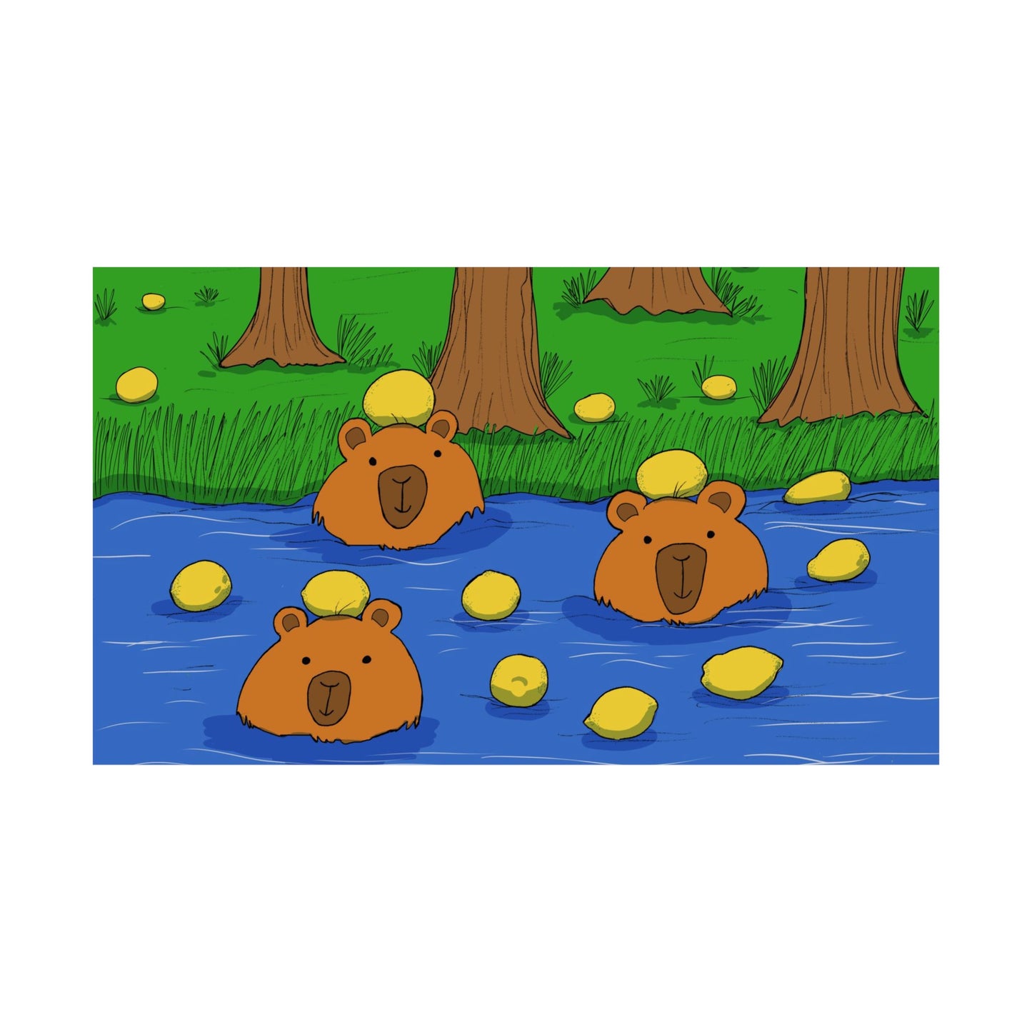 Poster Print - Cute Capybaras in Water with Lemons Design