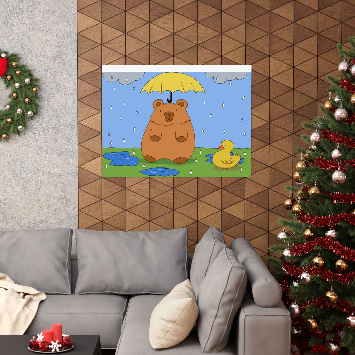 Capybara in the Rain with Rubber Duckie Print Poster