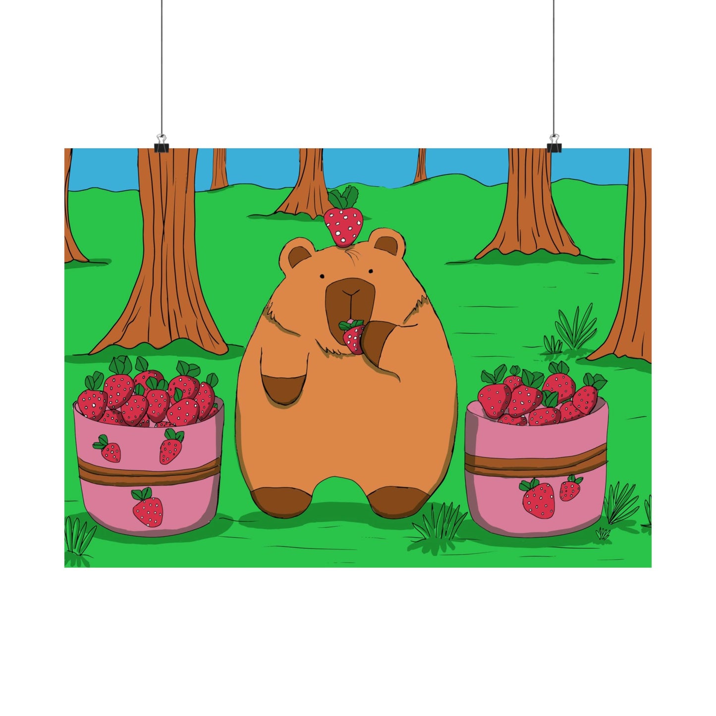 Capybara and Strawberries Colorful Print Poster