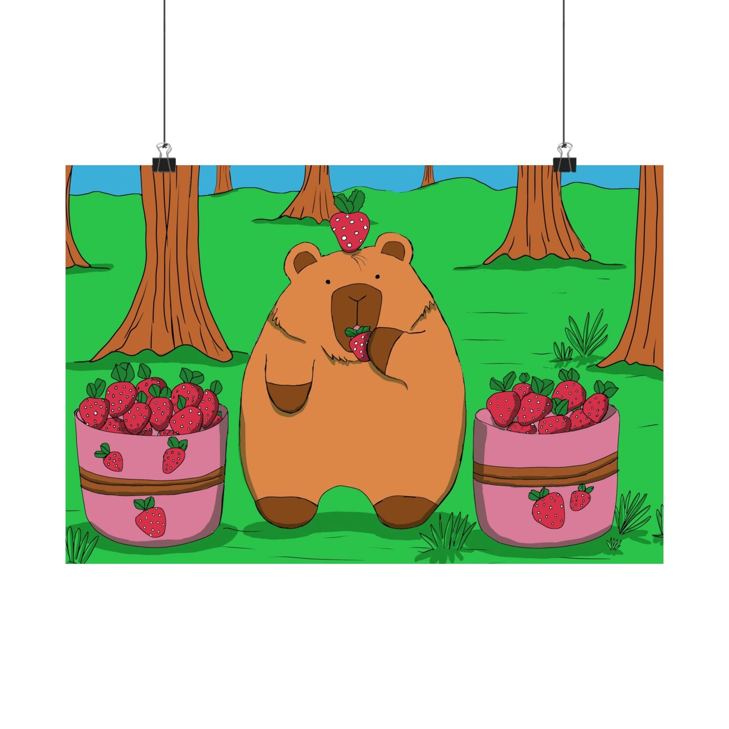 Capybara and Strawberries Colorful Print Poster