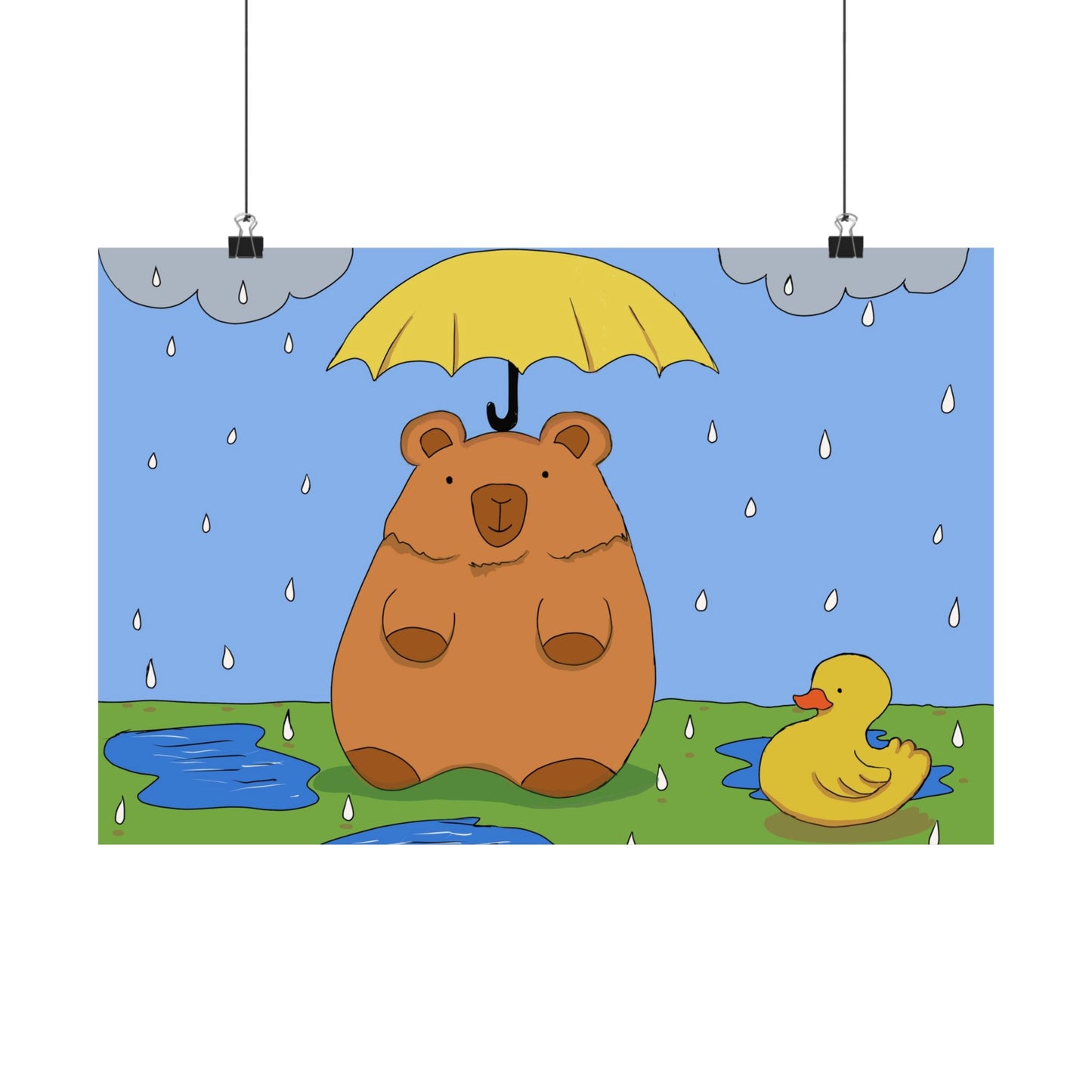 Capybara in the Rain with Rubber Duckie Print Poster