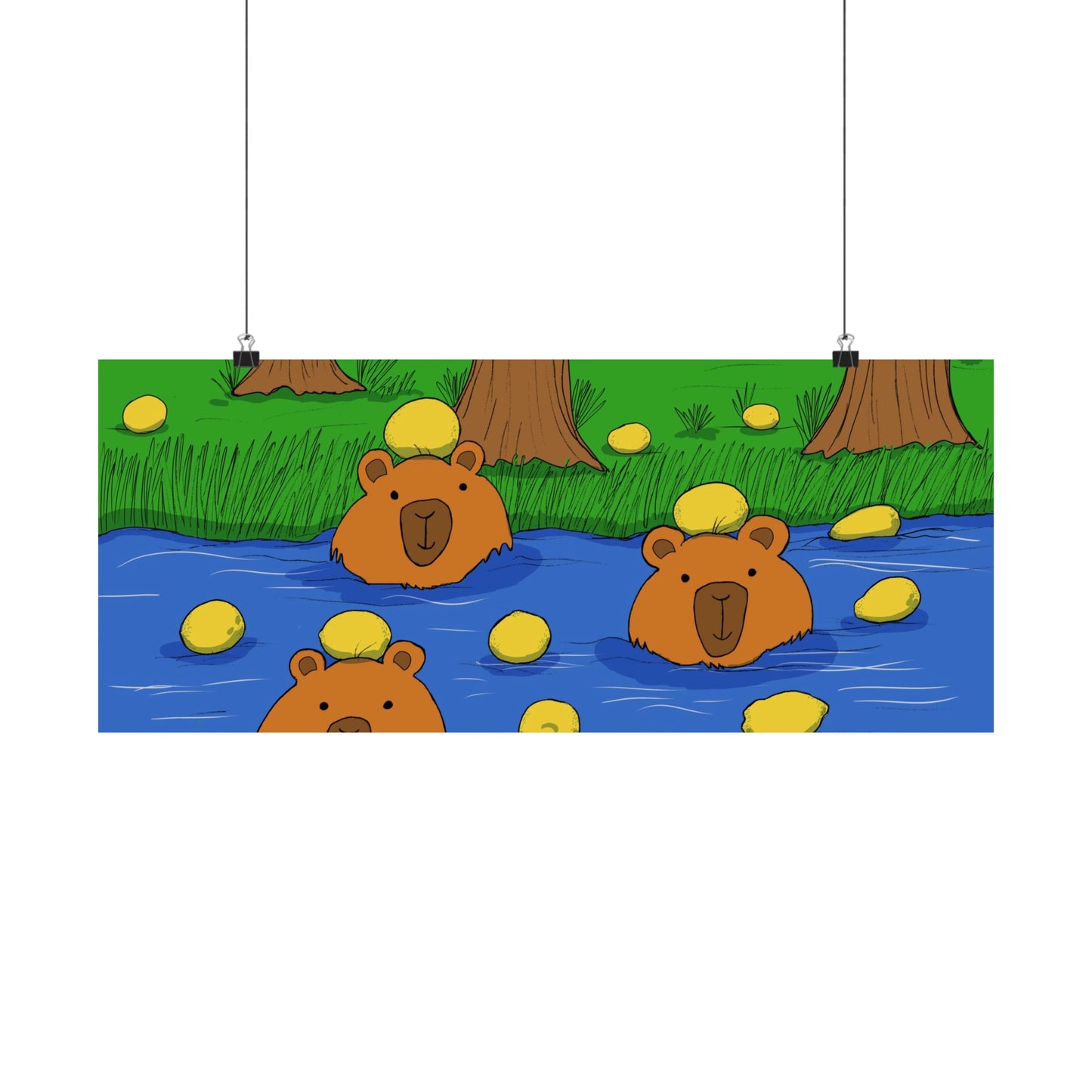 Poster Print - Cute Capybaras in Water with Lemons Design