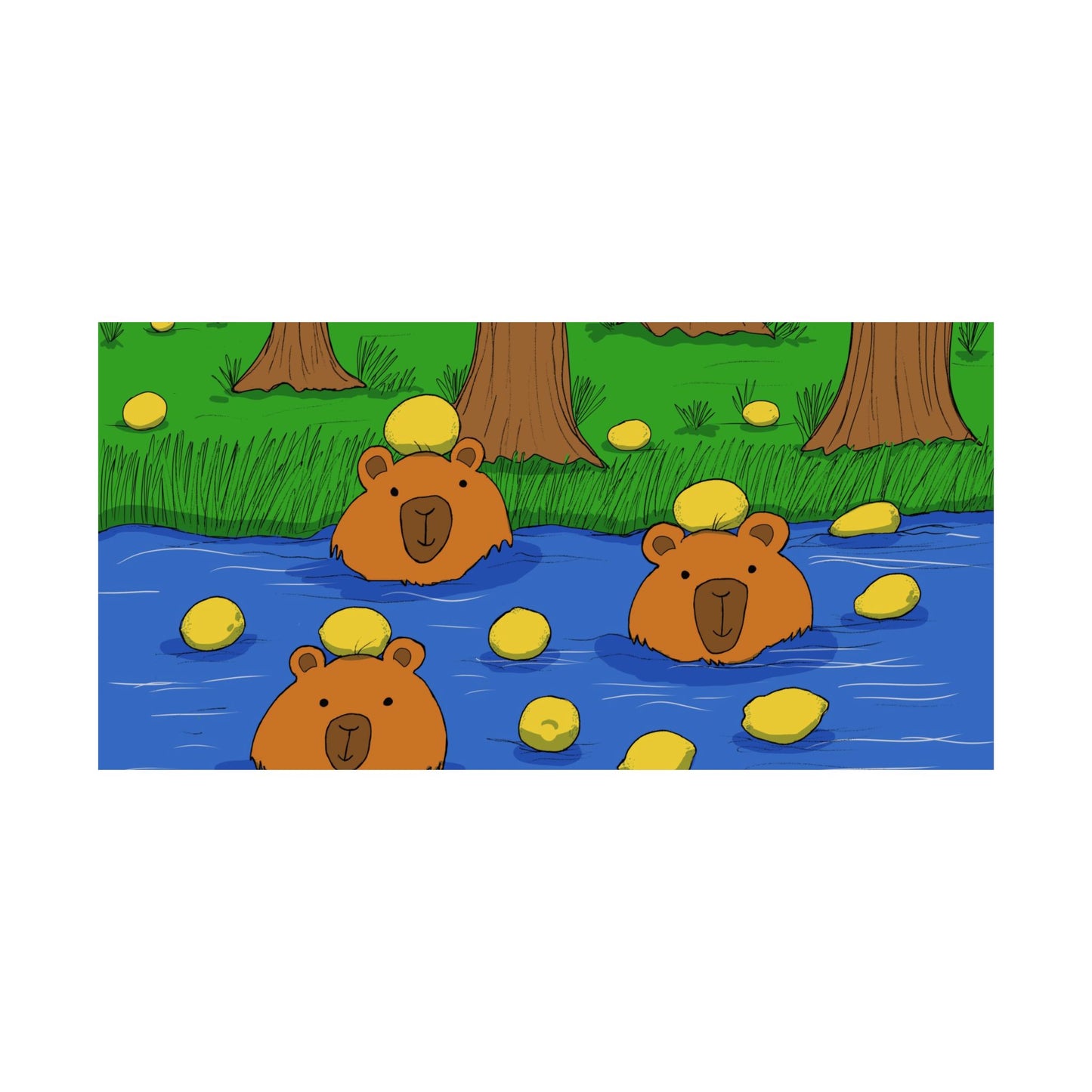 Poster Print - Cute Capybaras in Water with Lemons Design