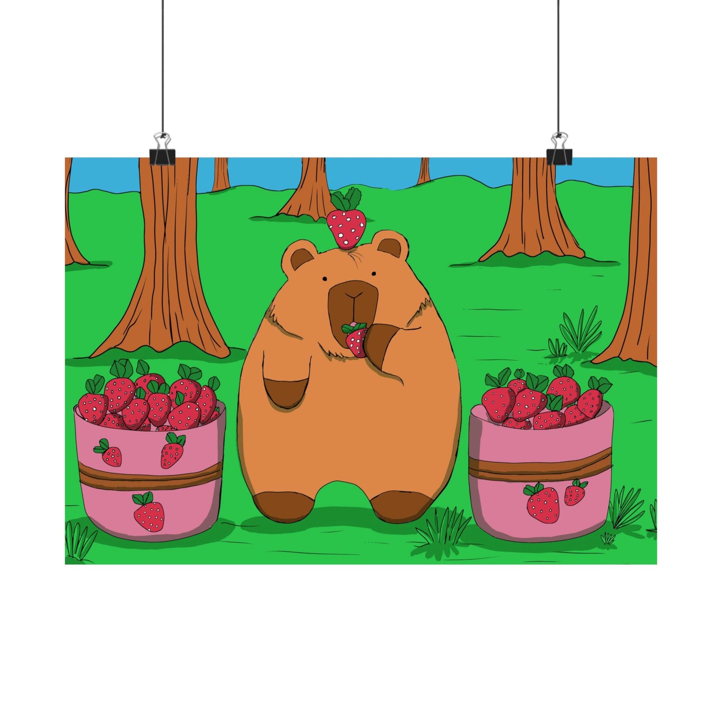 Capybara and Strawberries Colorful Print Poster