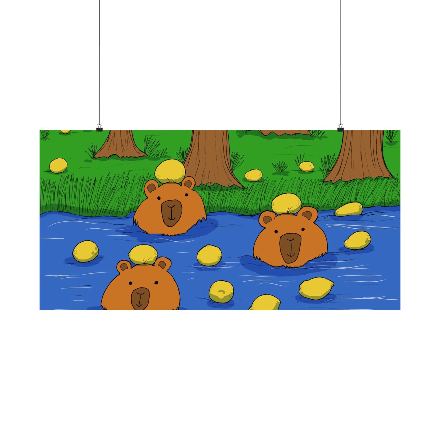 Poster Print - Cute Capybaras in Water with Lemons Design