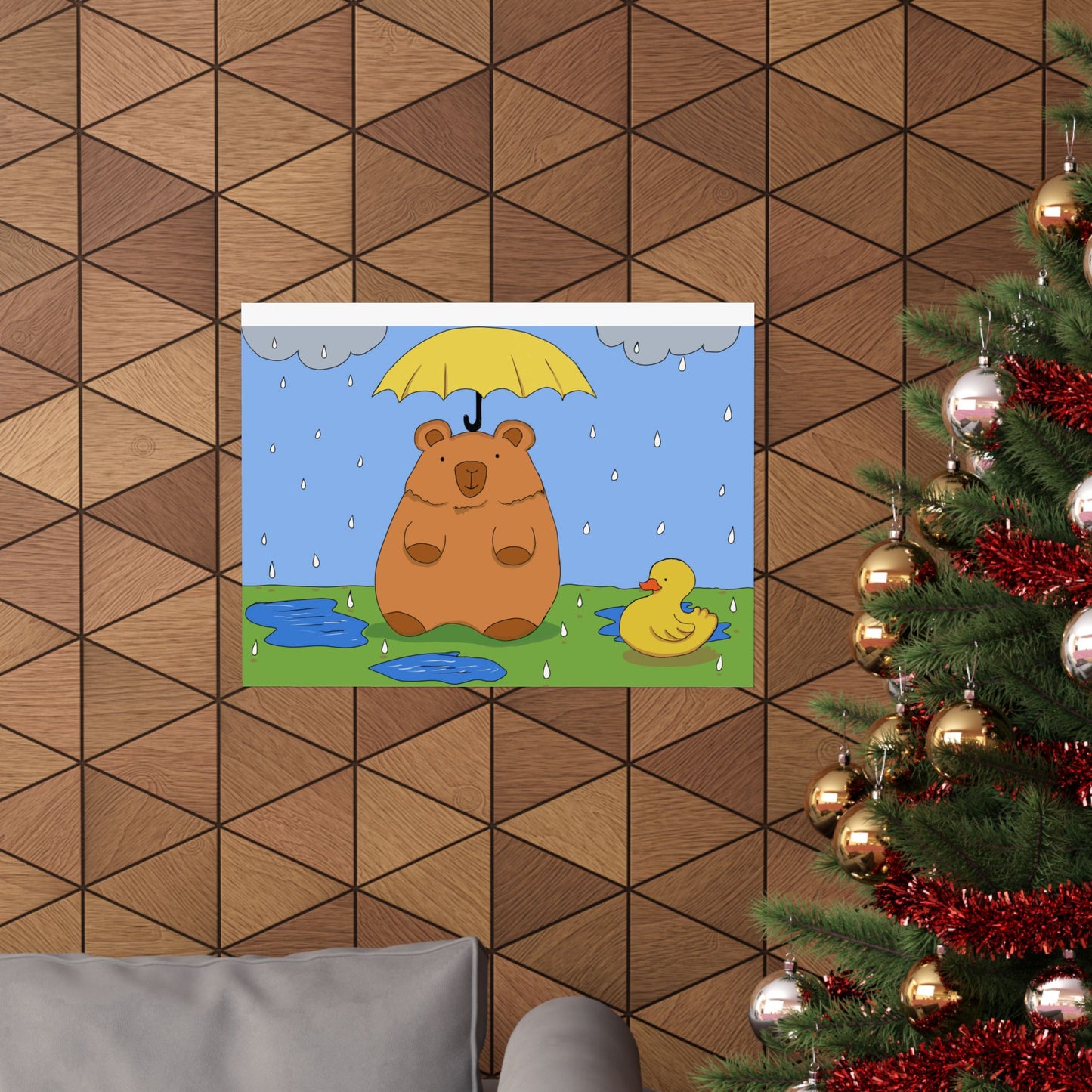 Capybara in the Rain with Rubber Duckie Print Poster