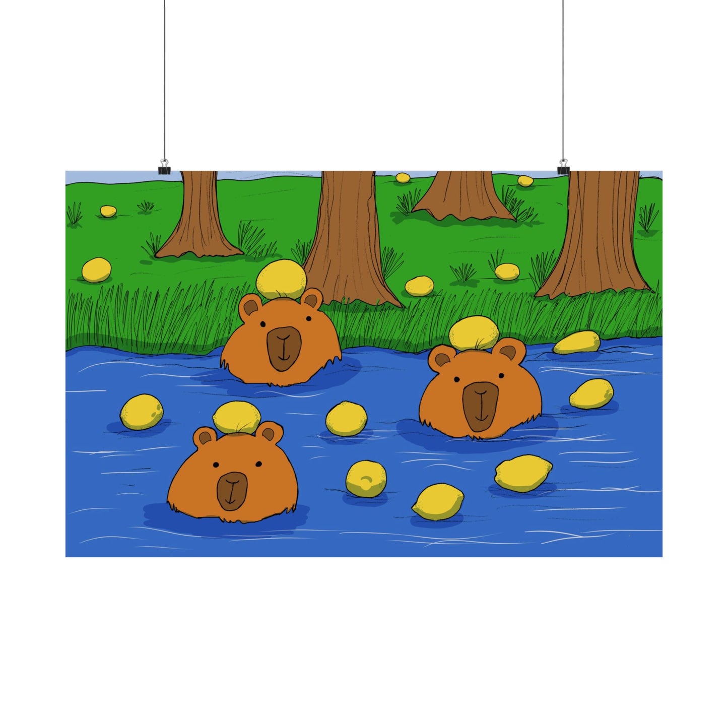 Poster Print - Cute Capybaras in Water with Lemons Design