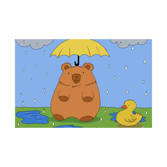 Capybara in the Rain with Rubber Duckie Print Poster