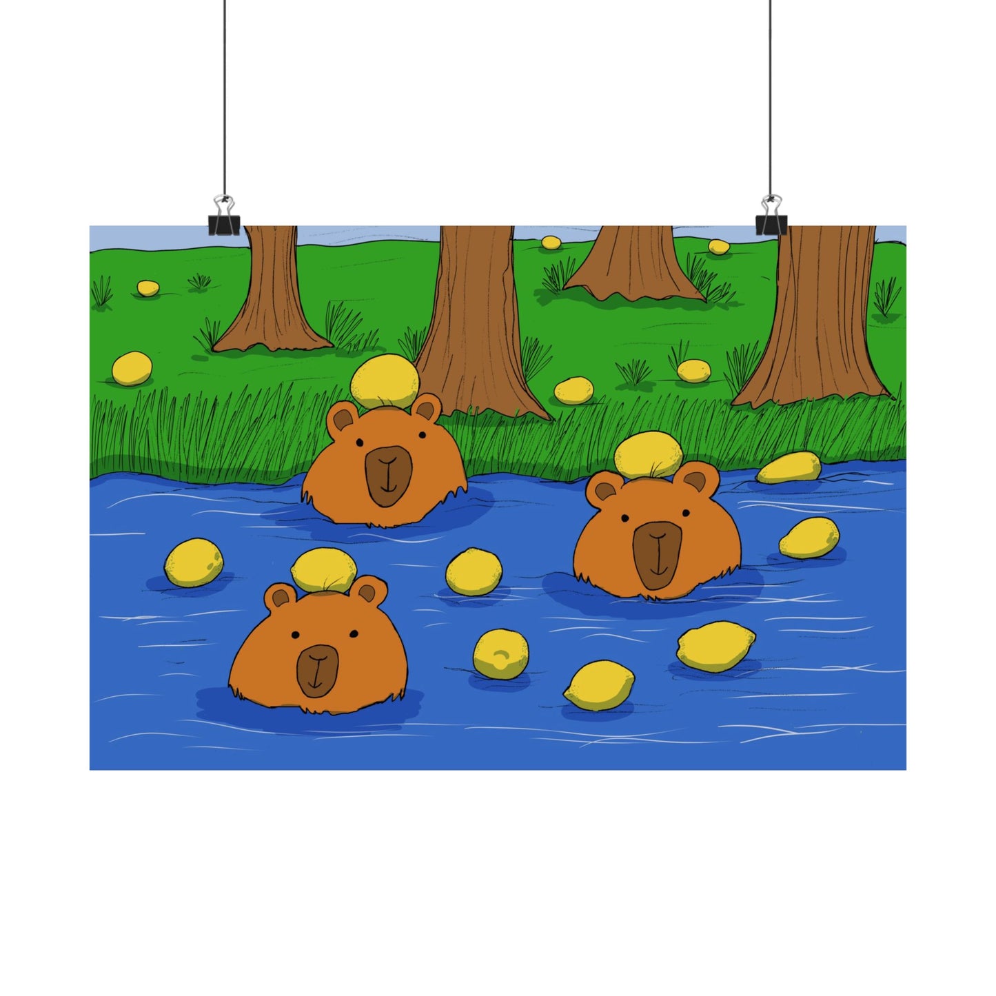 Poster Print - Cute Capybaras in Water with Lemons Design