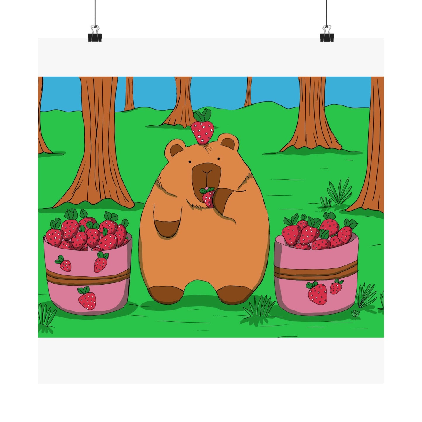 Capybara and Strawberries Colorful Print Poster