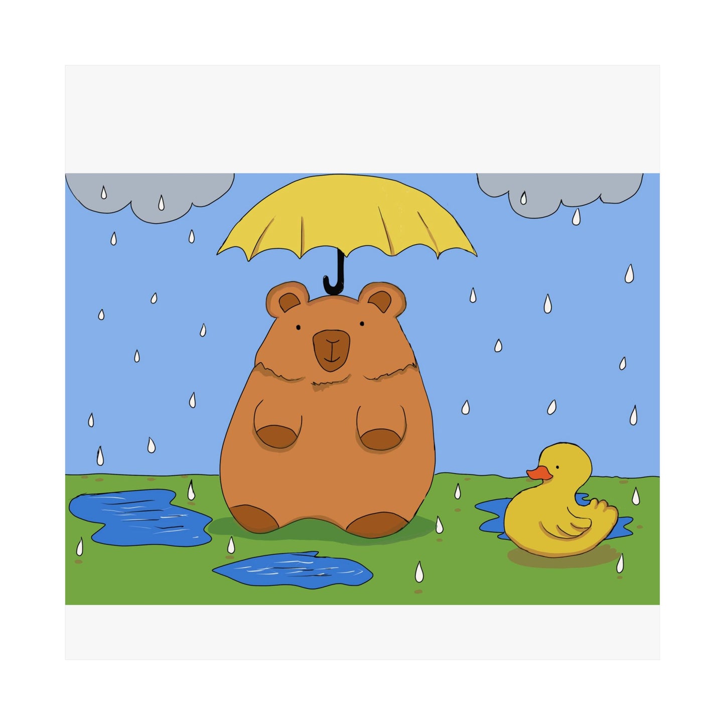 Capybara in the Rain with Rubber Duckie Print Poster