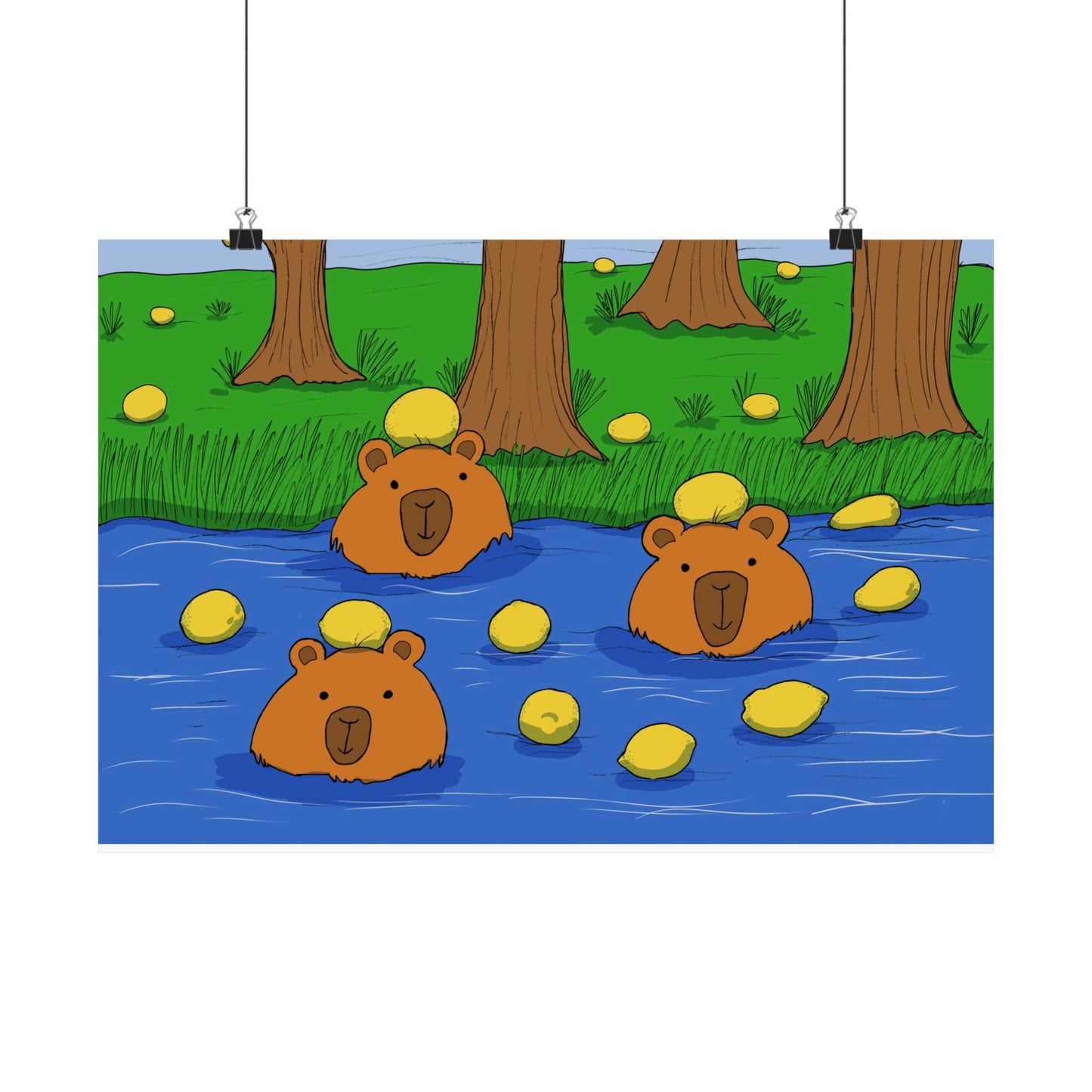 Poster Print - Cute Capybaras in Water with Lemons Design