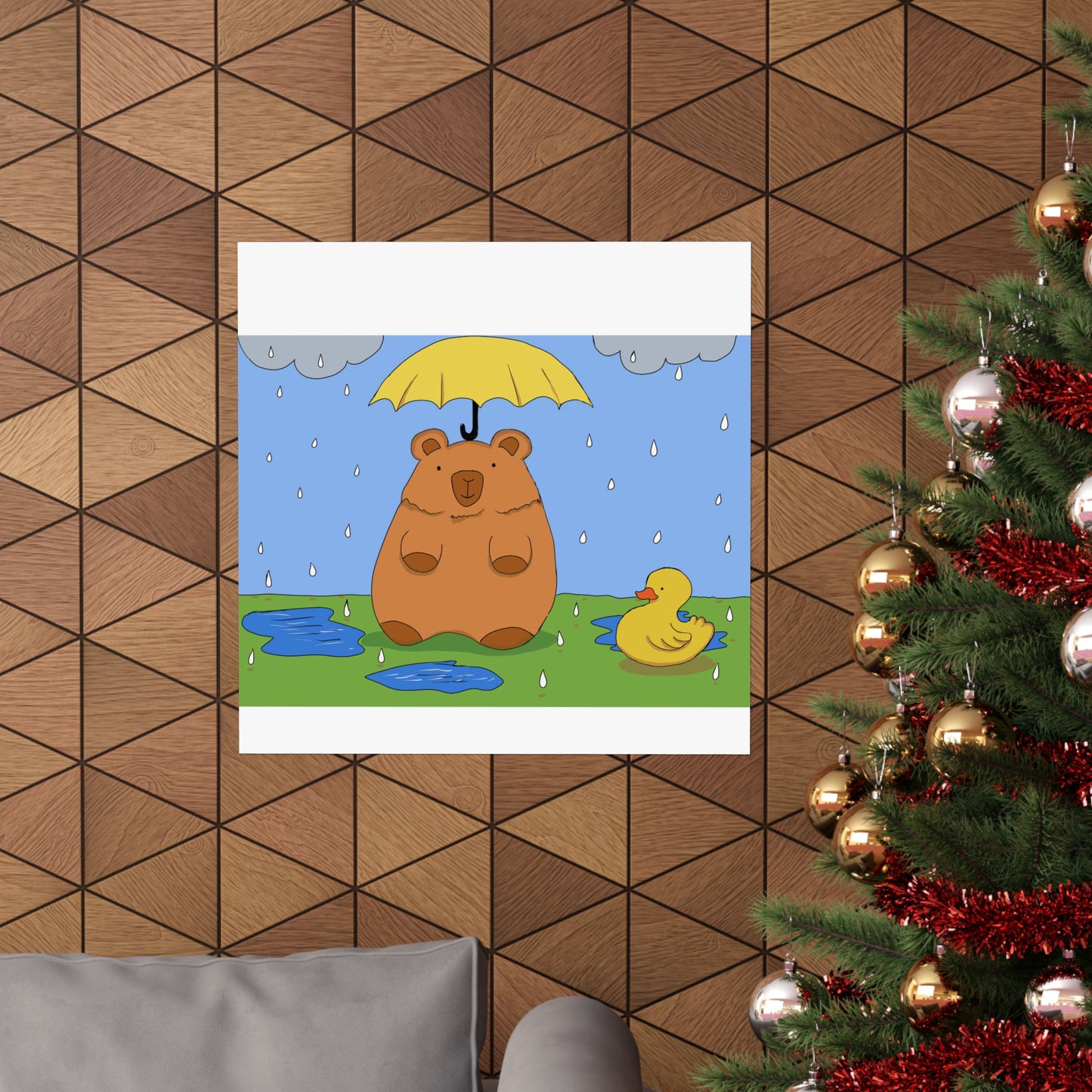 Capybara in the Rain with Rubber Duckie Print Poster