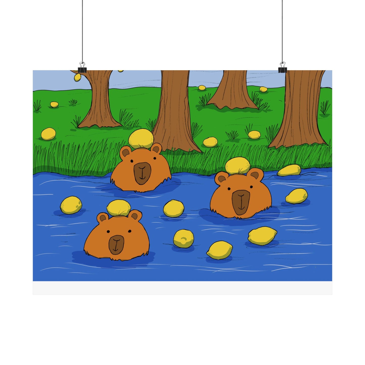 Poster Print - Cute Capybaras in Water with Lemons Design