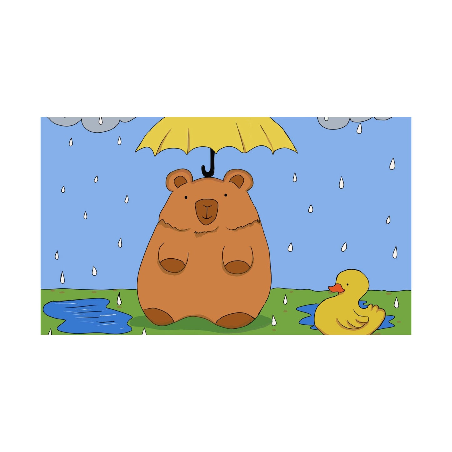 Capybara in the Rain with Rubber Duckie Print Poster