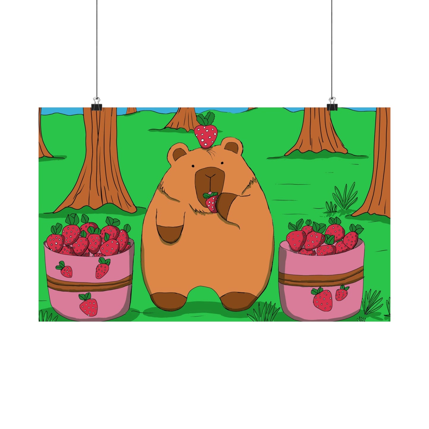 Capybara and Strawberries Colorful Print Poster