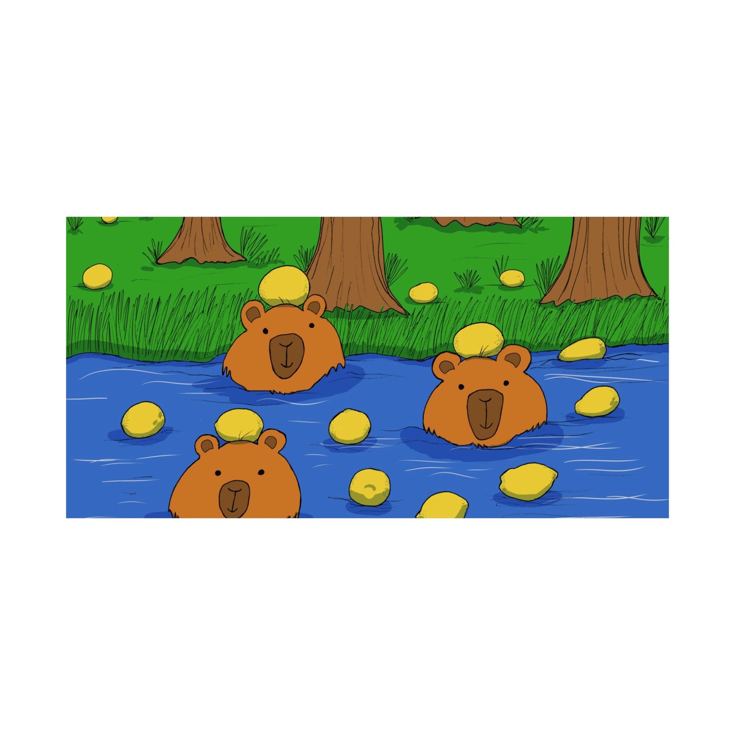 Poster Print - Cute Capybaras in Water with Lemons Design