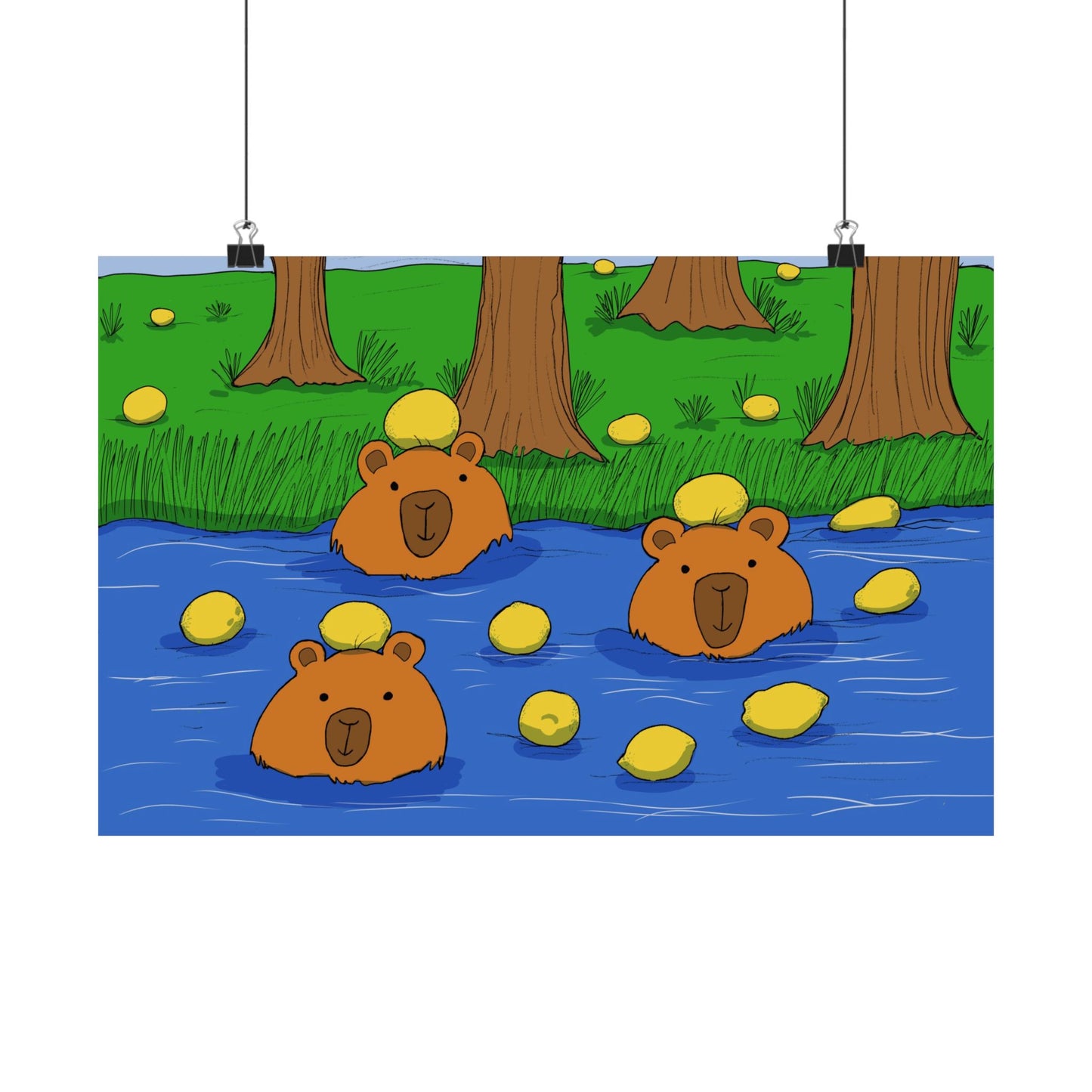 Poster Print - Cute Capybaras in Water with Lemons Design