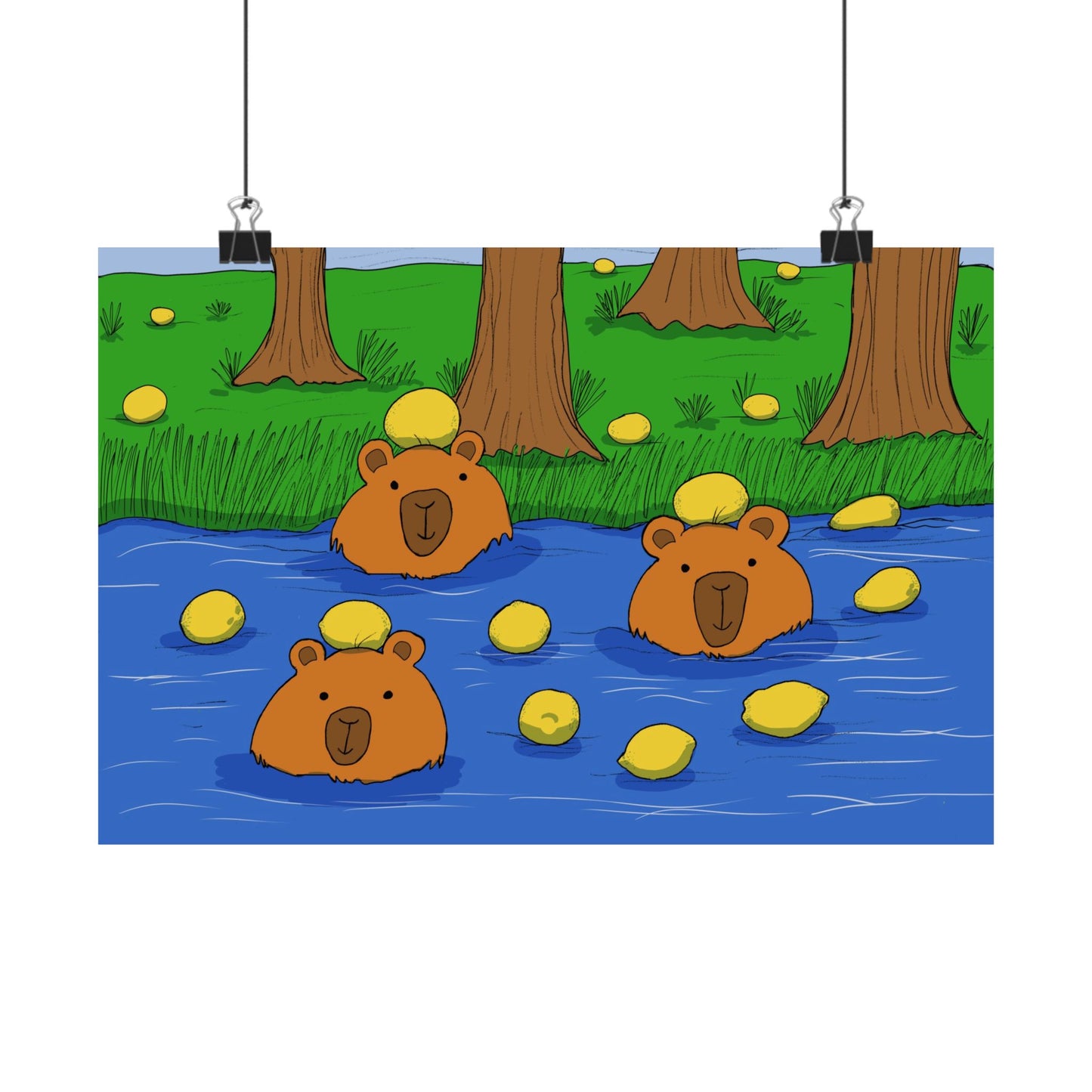 Poster Print - Cute Capybaras in Water with Lemons Design