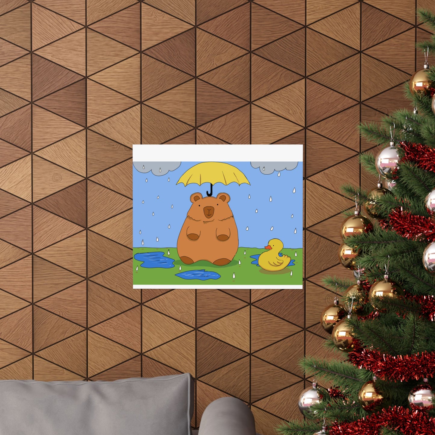 Capybara in the Rain with Rubber Duckie Print Poster