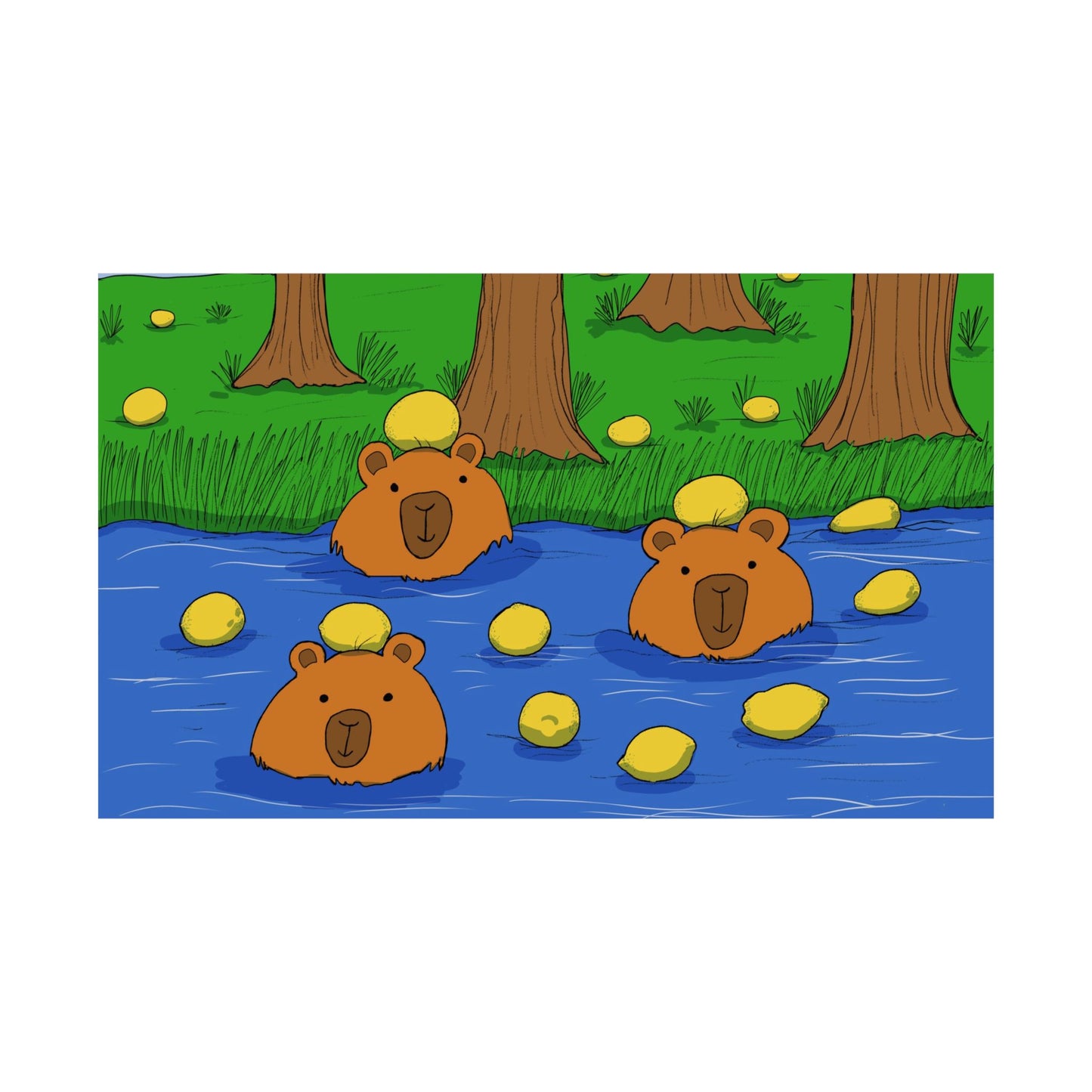 Poster Print - Cute Capybaras in Water with Lemons Design