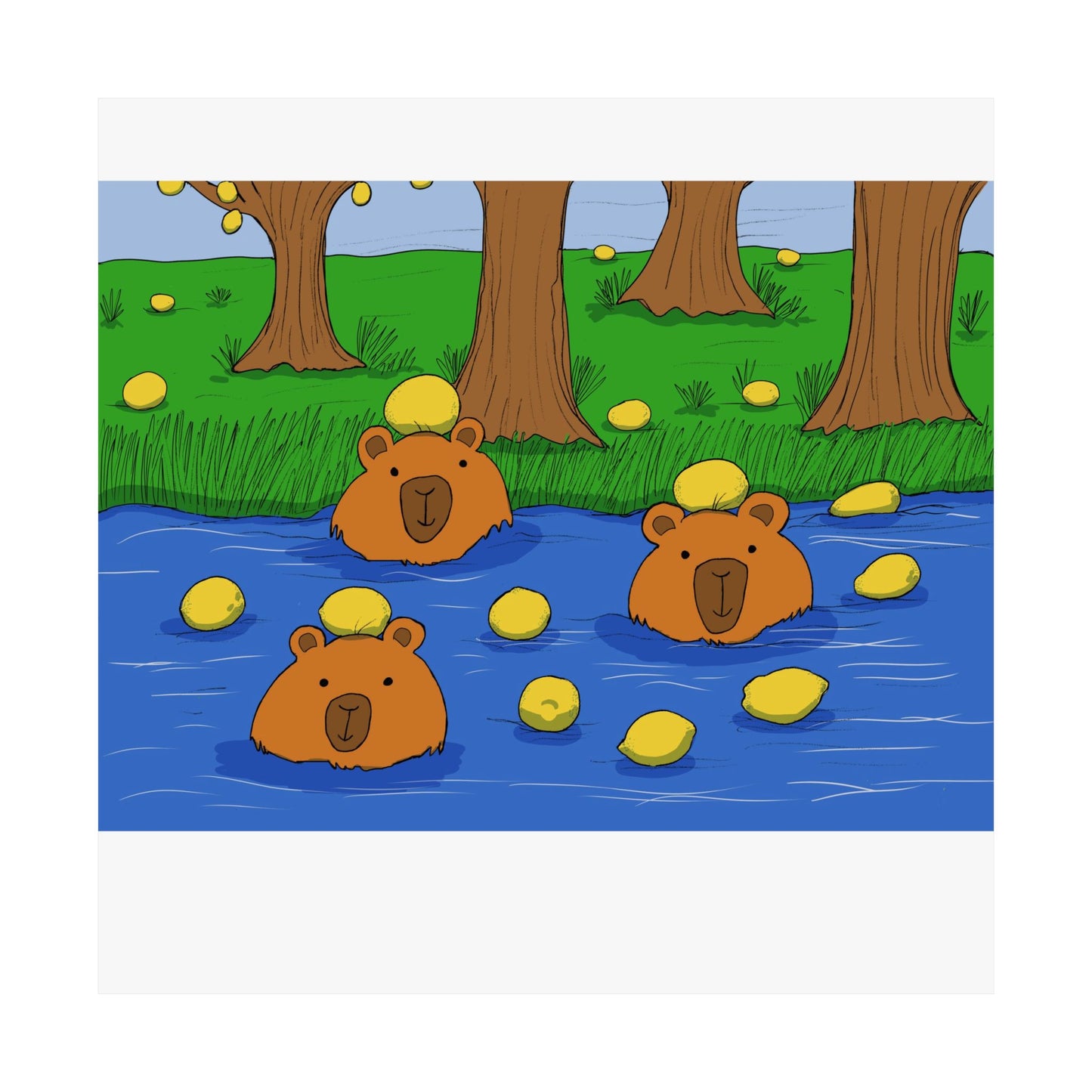 Poster Print - Cute Capybaras in Water with Lemons Design