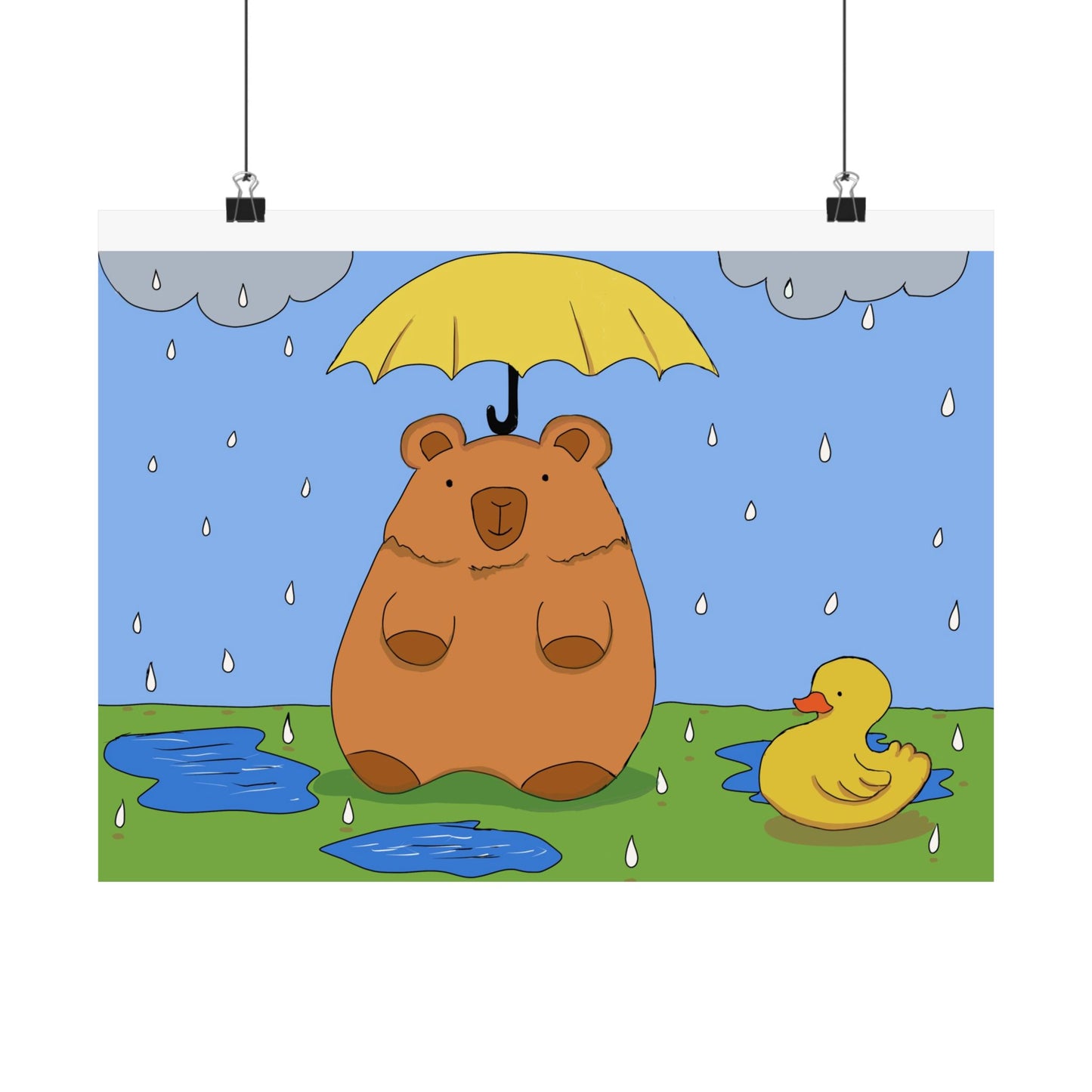 Capybara in the Rain with Rubber Duckie Print Poster