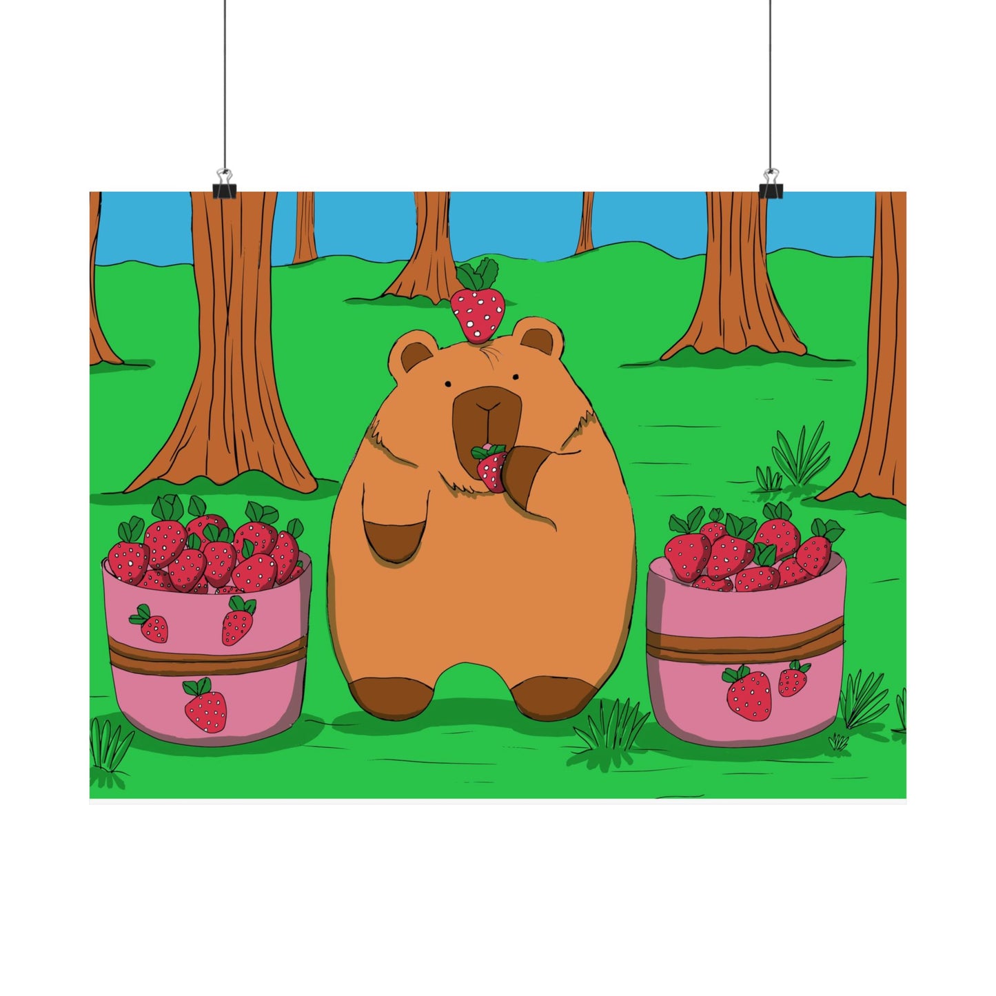 Capybara and Strawberries Colorful Print Poster