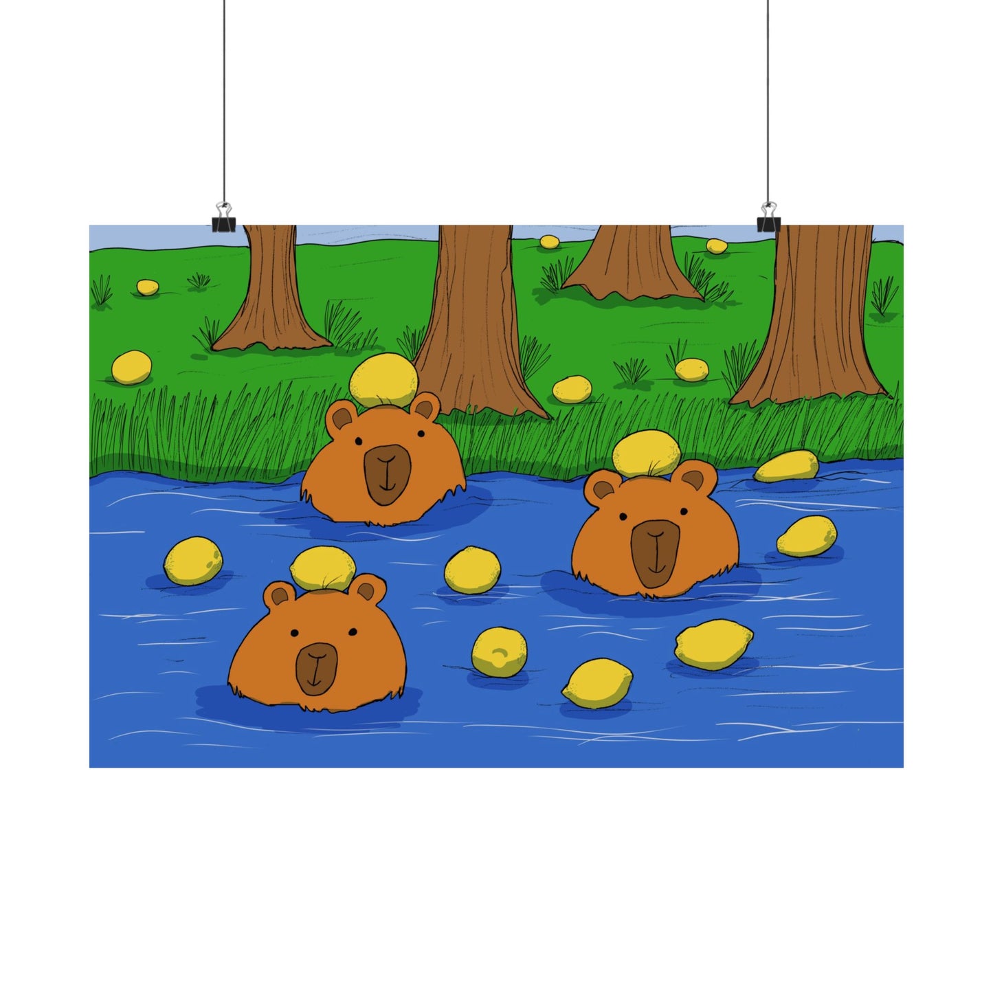 Poster Print - Cute Capybaras in Water with Lemons Design