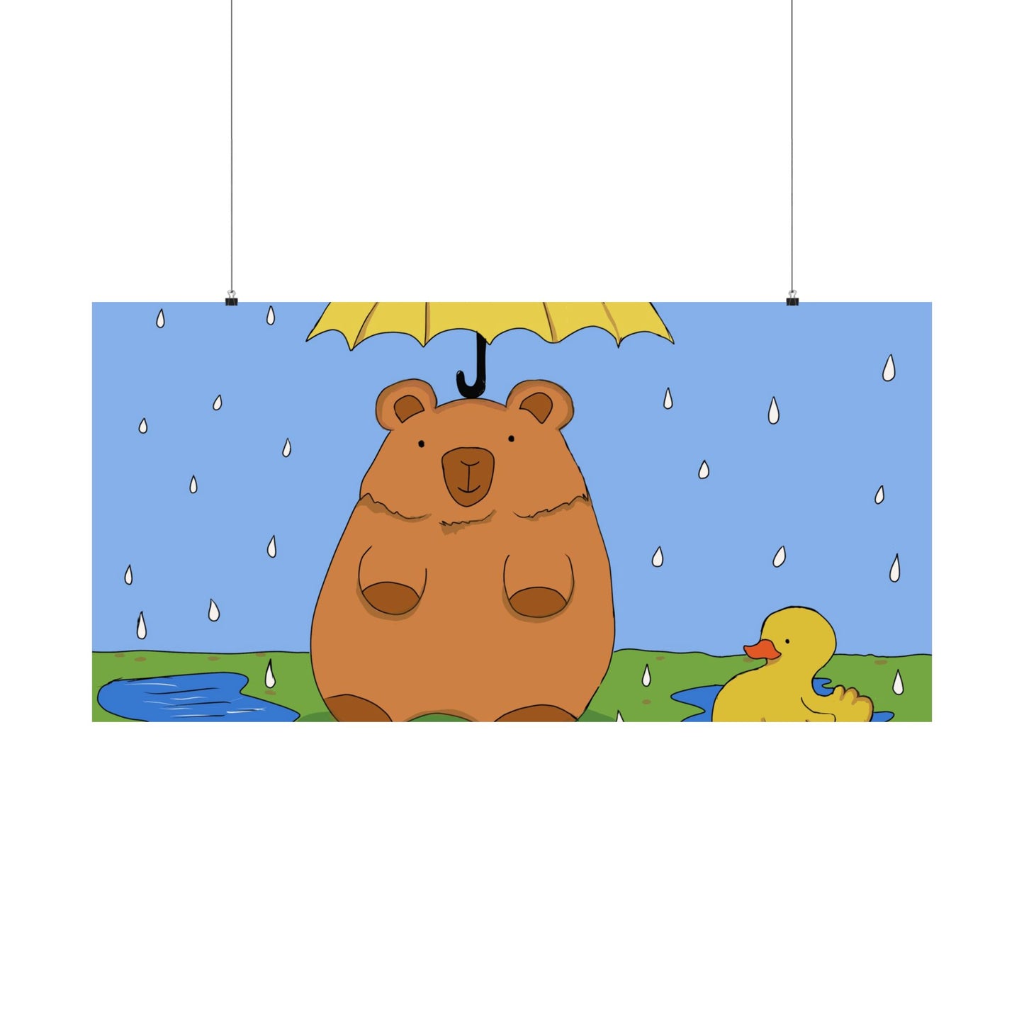 Capybara in the Rain with Rubber Duckie Print Poster