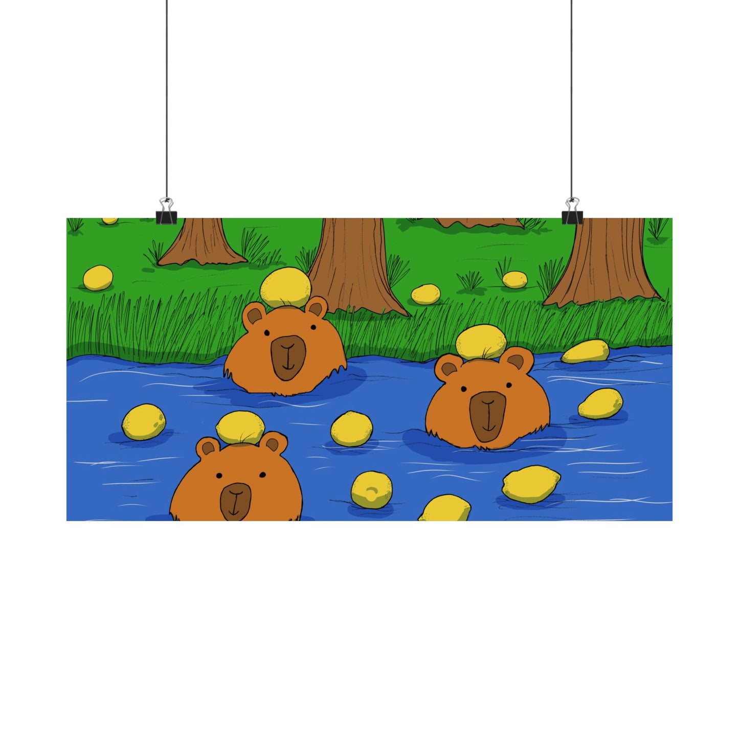 Poster Print - Cute Capybaras in Water with Lemons Design