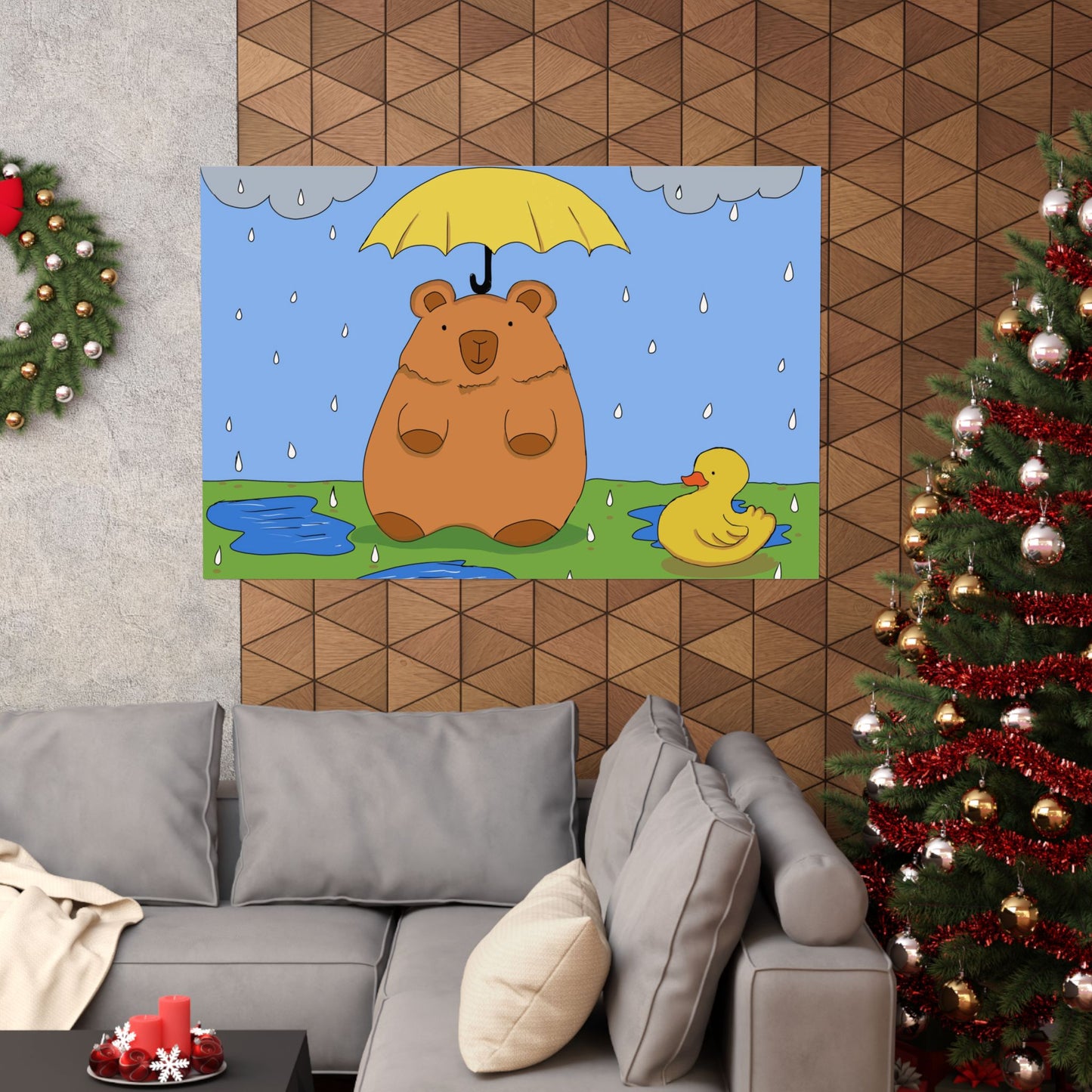 Capybara in the Rain with Rubber Duckie Print Poster