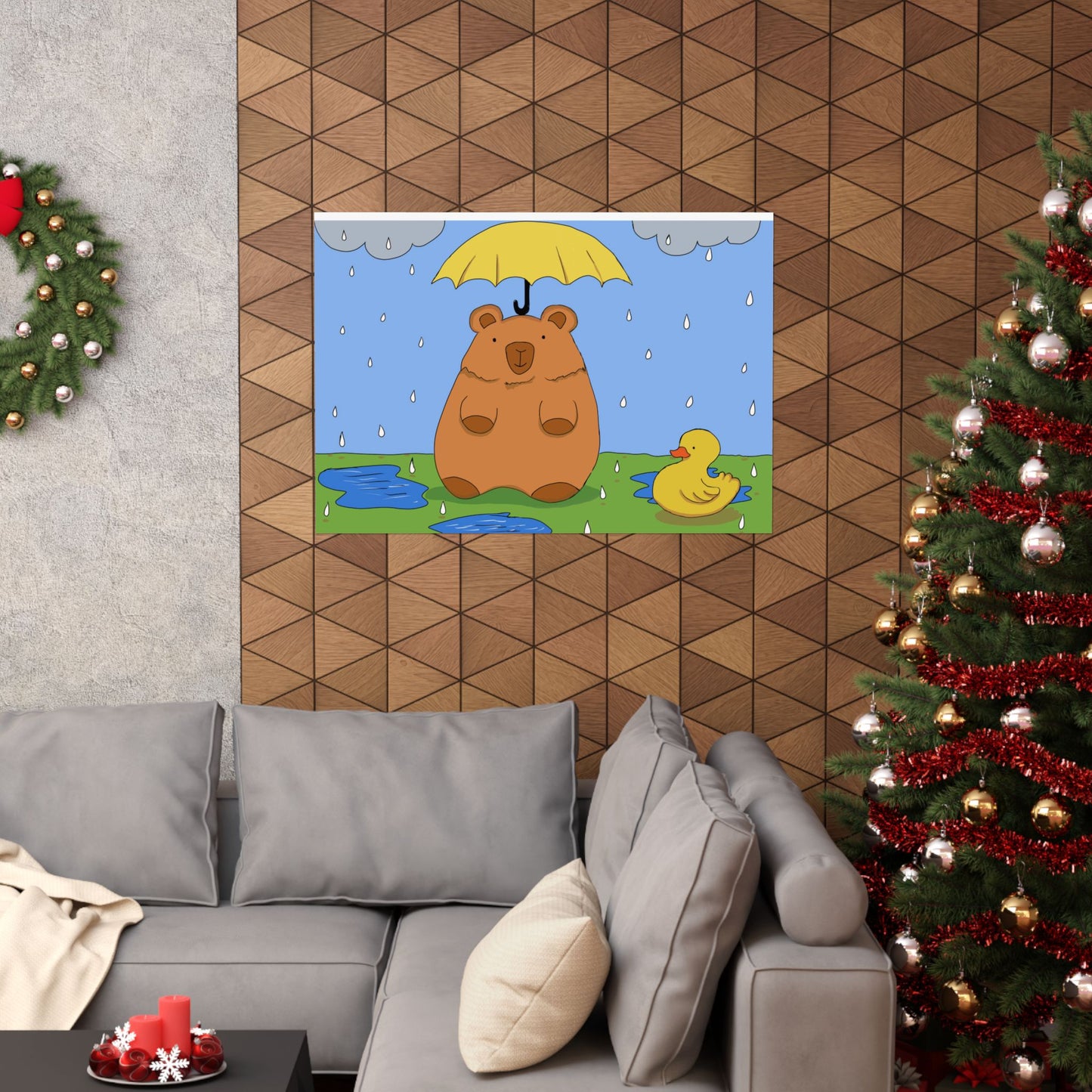 Capybara in the Rain with Rubber Duckie Print Poster