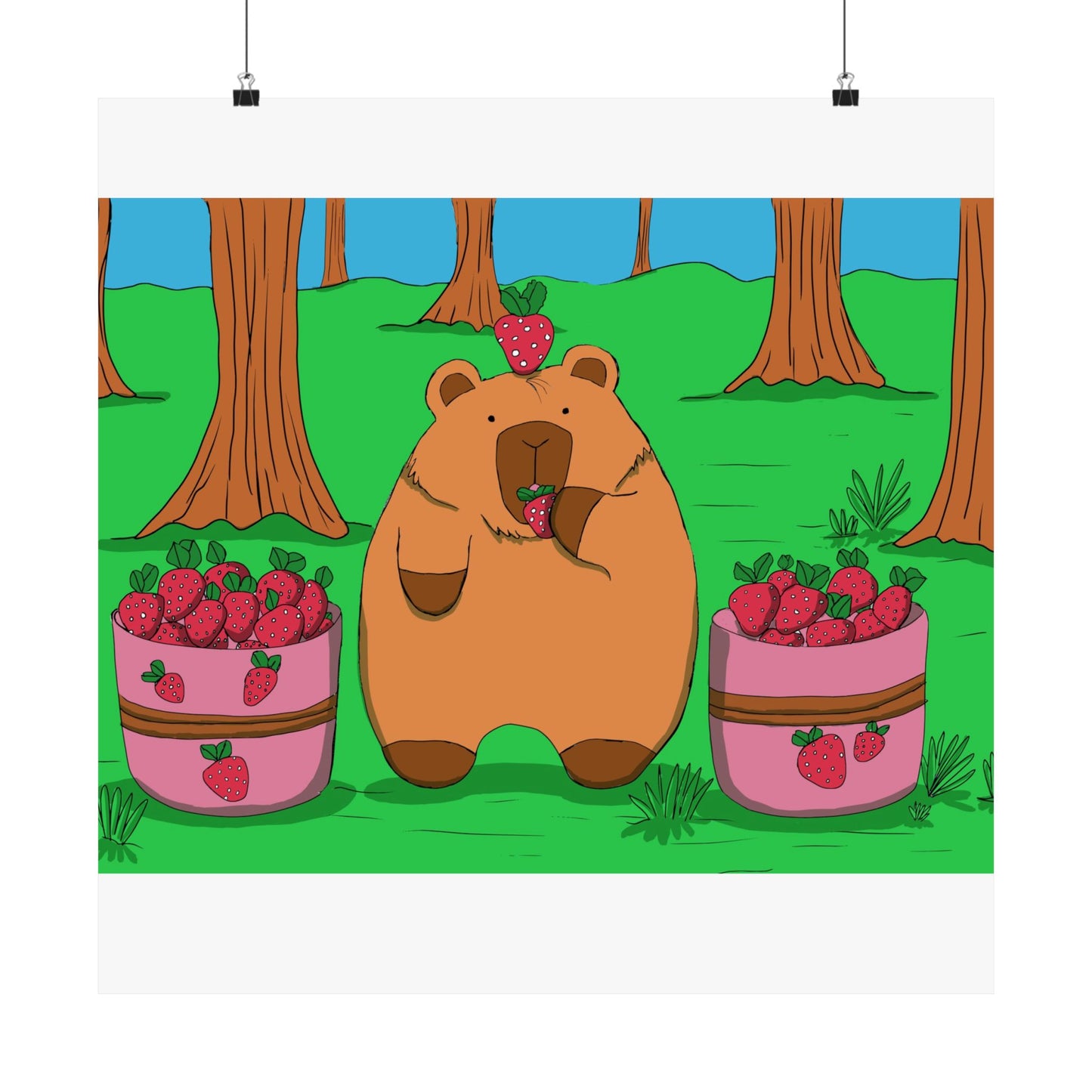 Capybara and Strawberries Colorful Print Poster