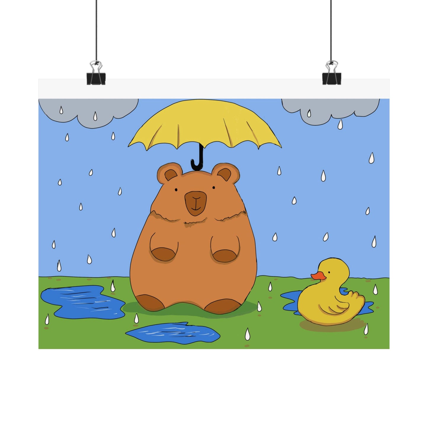 Capybara in the Rain with Rubber Duckie Print Poster