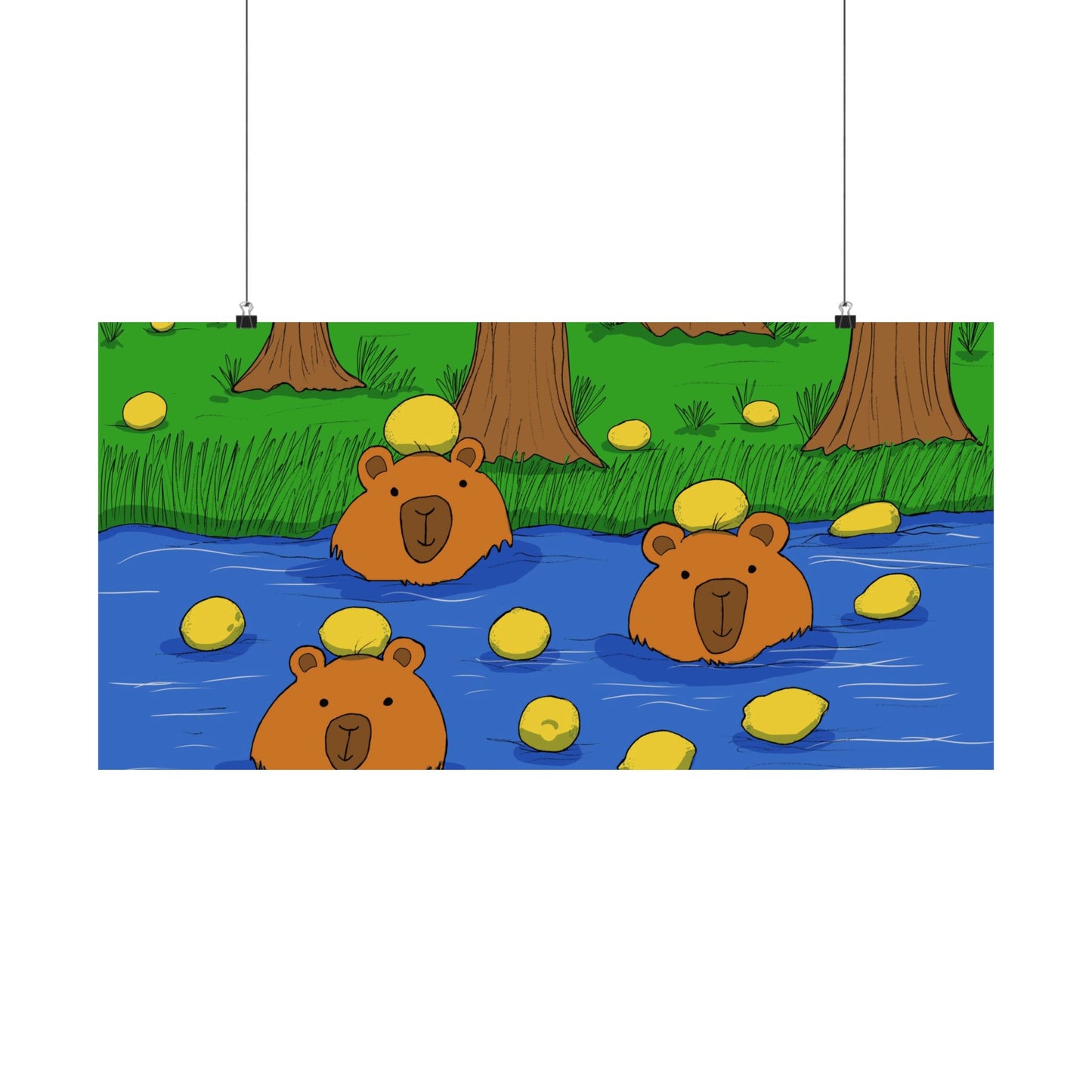 Poster Print - Cute Capybaras in Water with Lemons Design